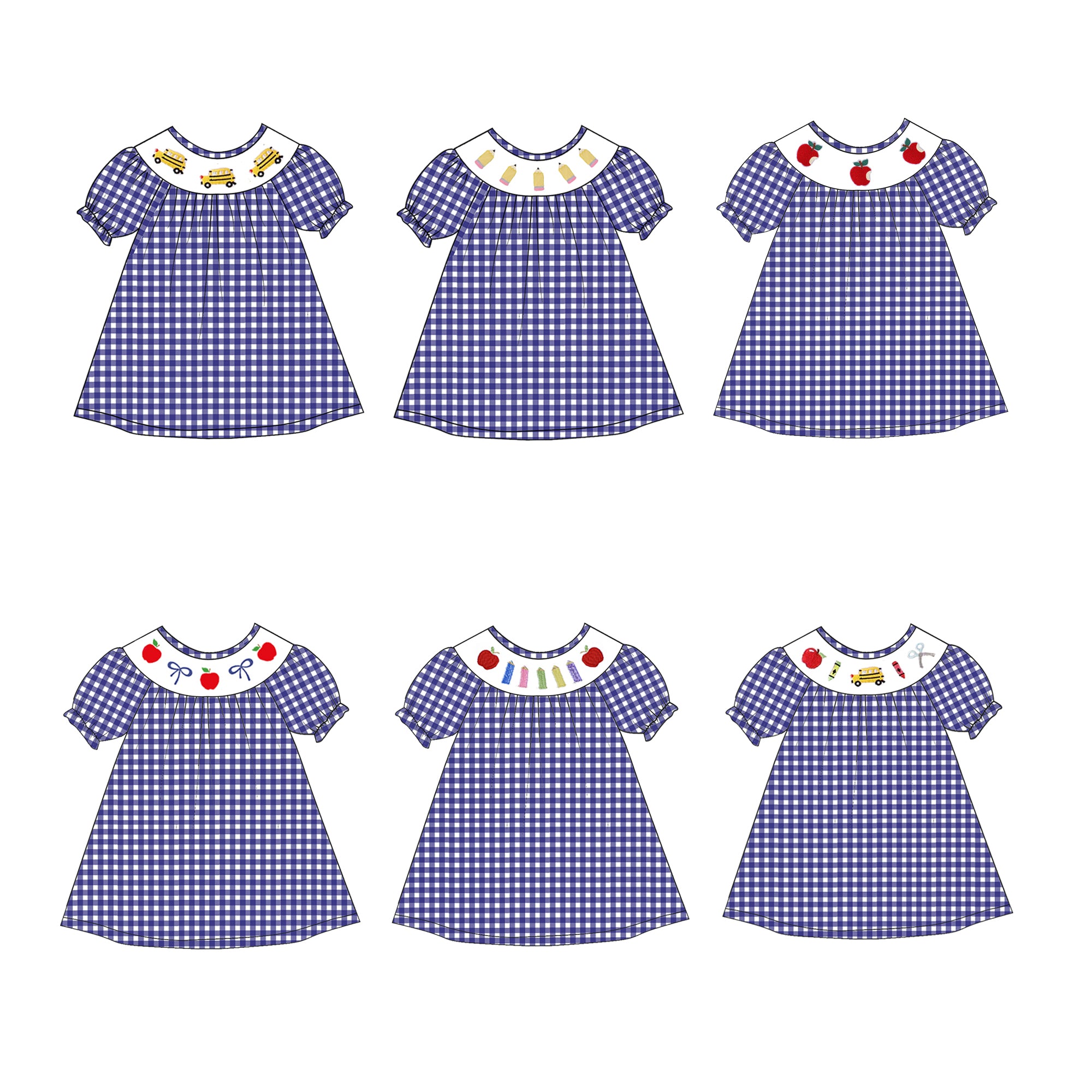 (Pre Order)Girls Blue Plaid Back To School Embroidery Smocked Dress