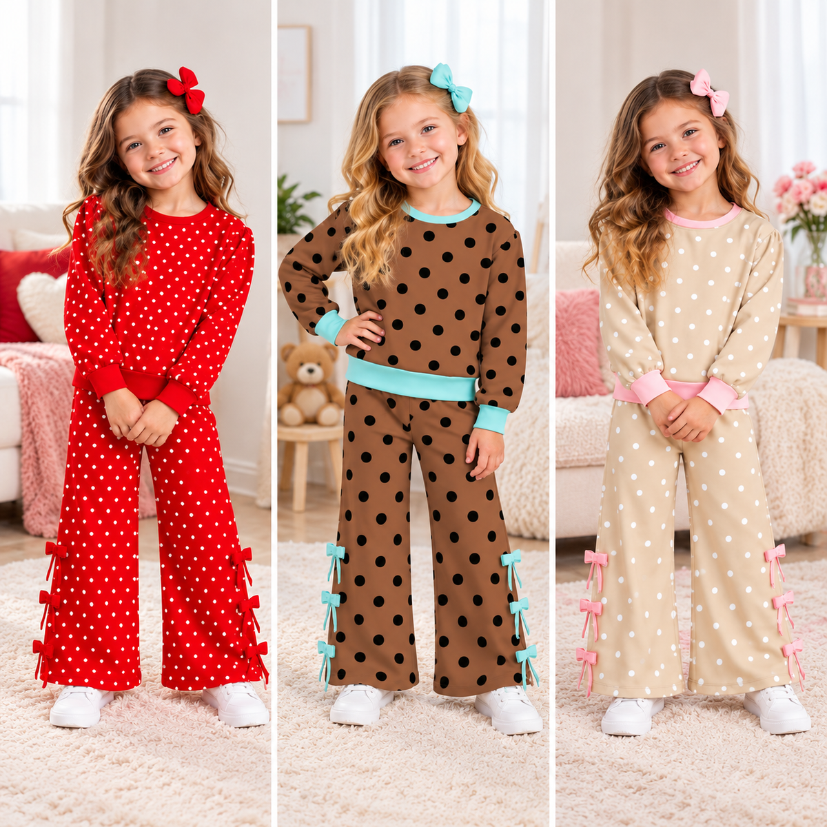 (Weekly Pre-Order)Girls Dot Print Bow Outfit Set(Ends 9.27)