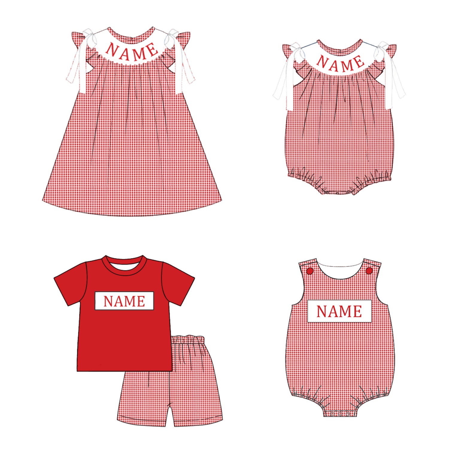 (Pre Order)Siblings Spring&Summer Red Plaid Embroidery Smocked Dress,Set&Romper-Customized name