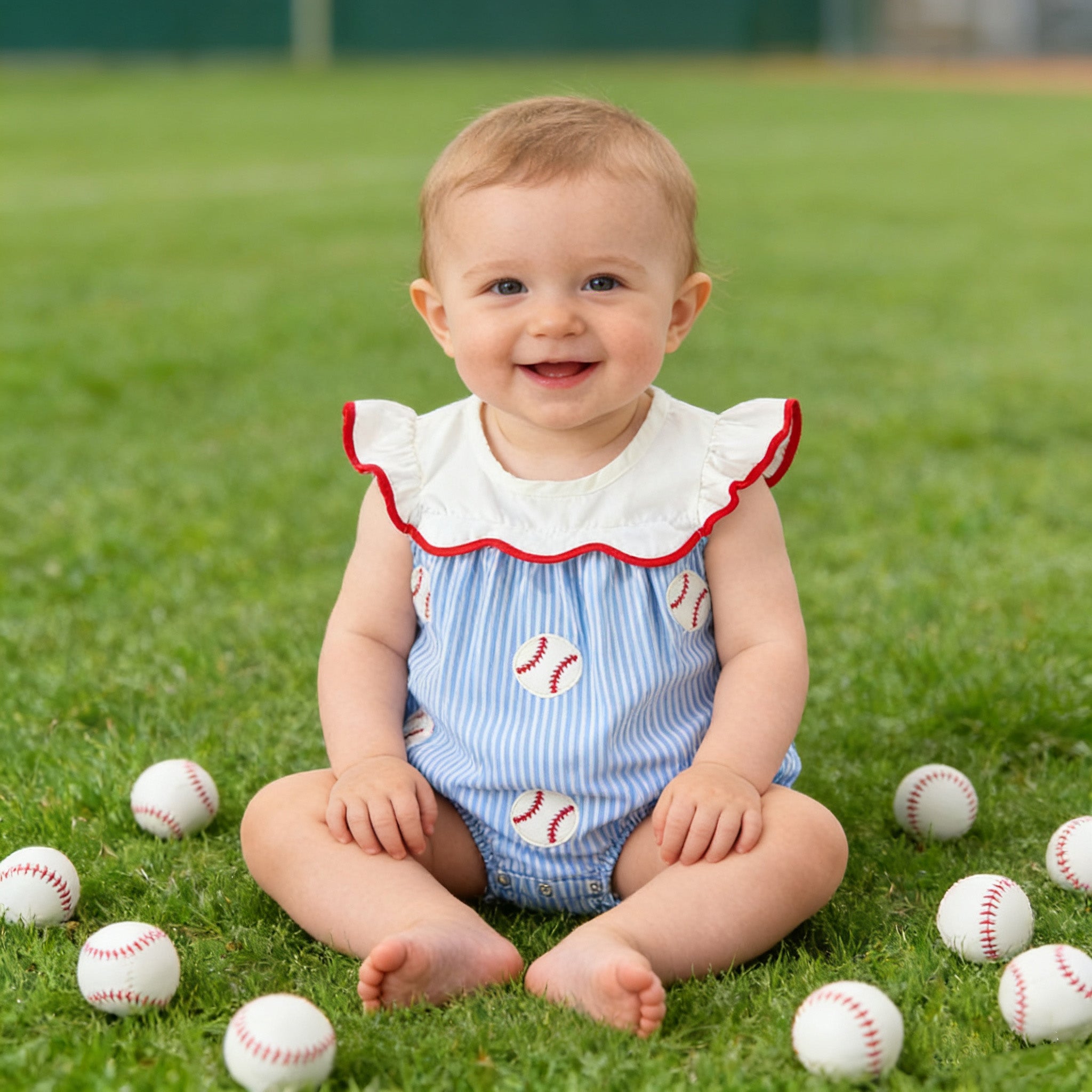 (In Stock)Siblings Spring&Summer Baseball Applique Cotton Dress&Romper