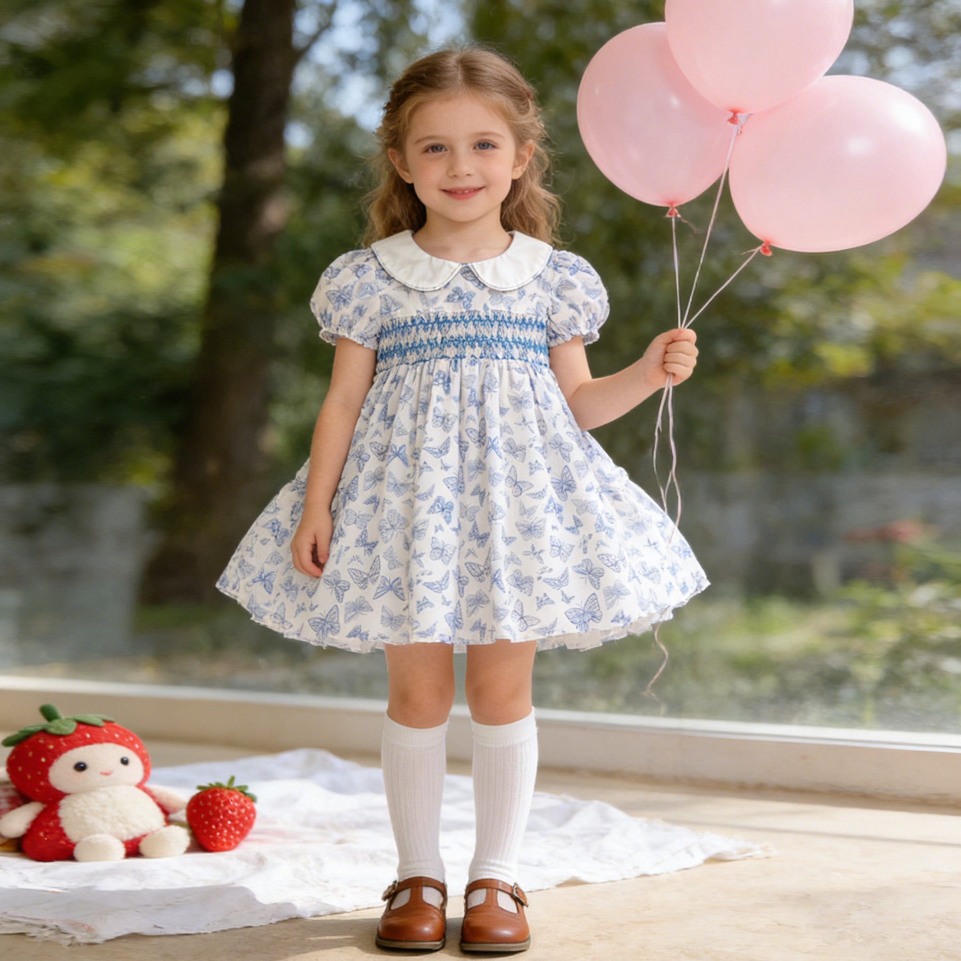 (In Production)Sisters Spring&Summer Blue Butterfly Print Smocked Dress,Romper