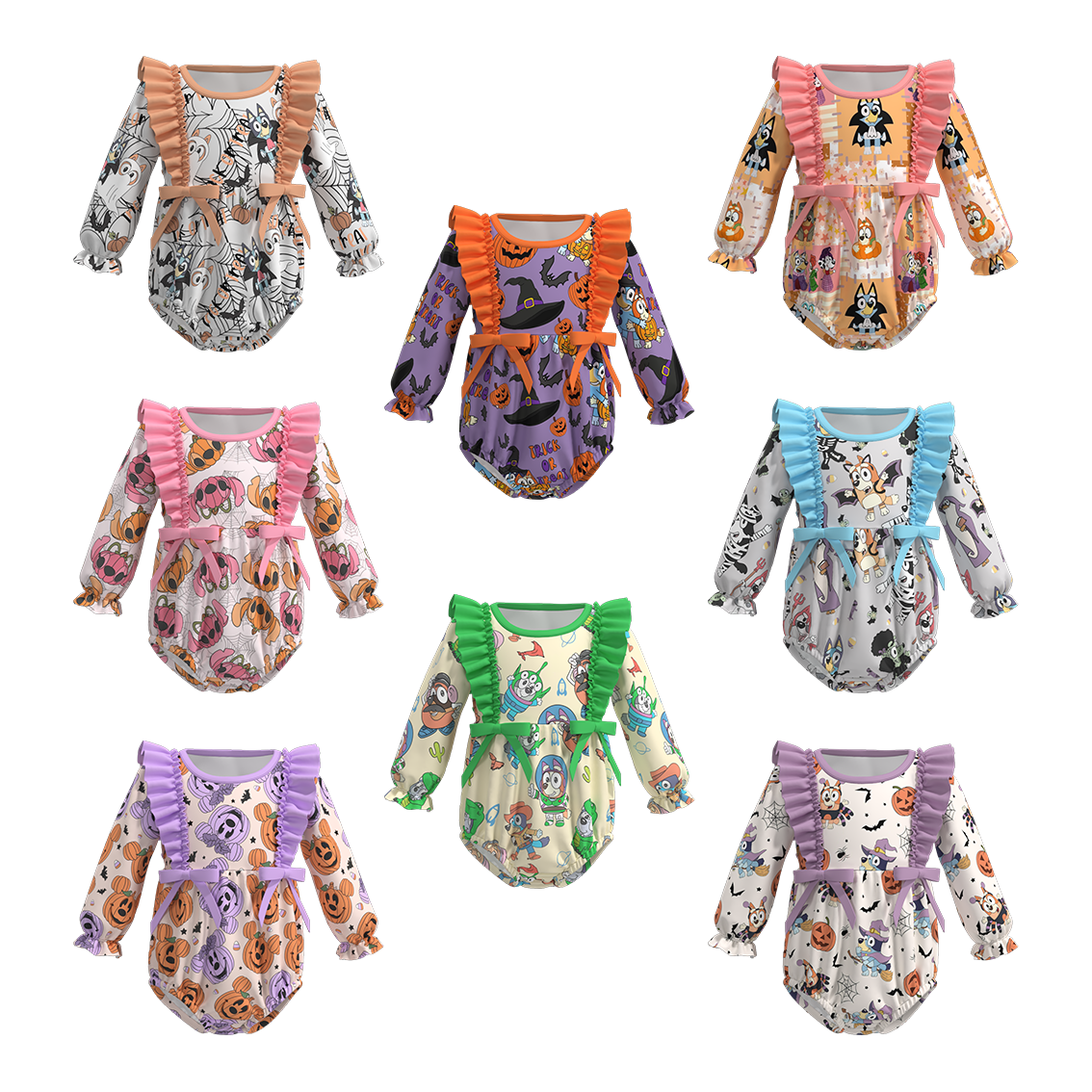 (Pre Orders)Baby Girls Halloween Cartoon Print Ruffled Romper