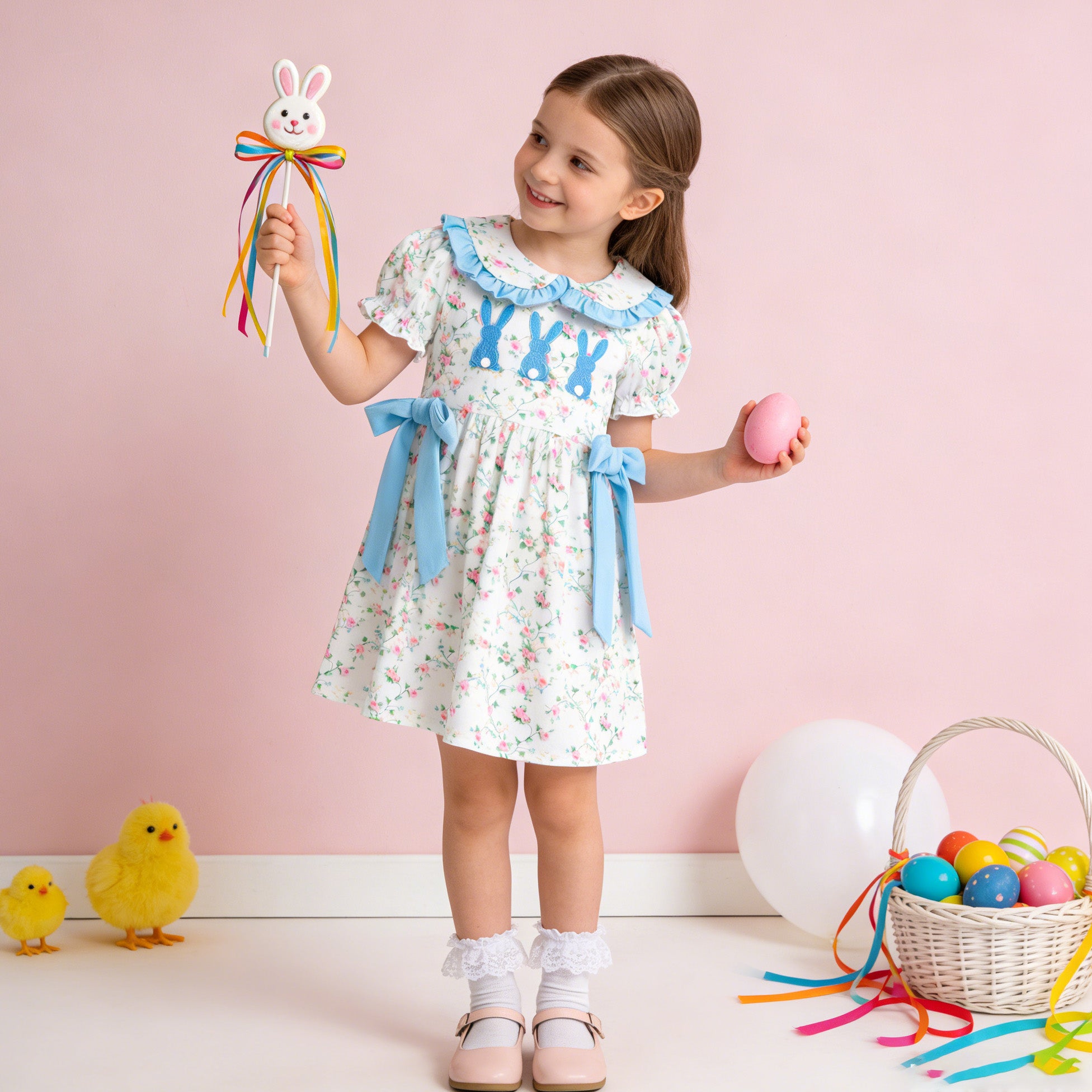 (In Stock)Siblings Easter Bunny Applique Dress,Top&Romper