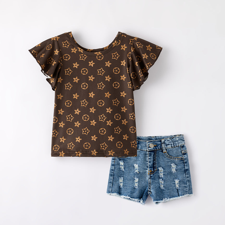 (In Stock)Girls Spring and Summer Stylish Print Denim Shorts Set