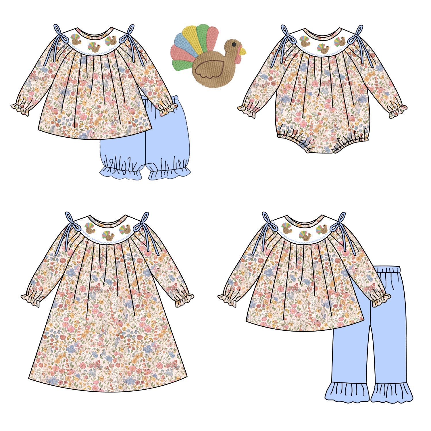 (Pre Order)Girls Thanksgiving Turkey Embroidery Smocked Dress,Set&Romper