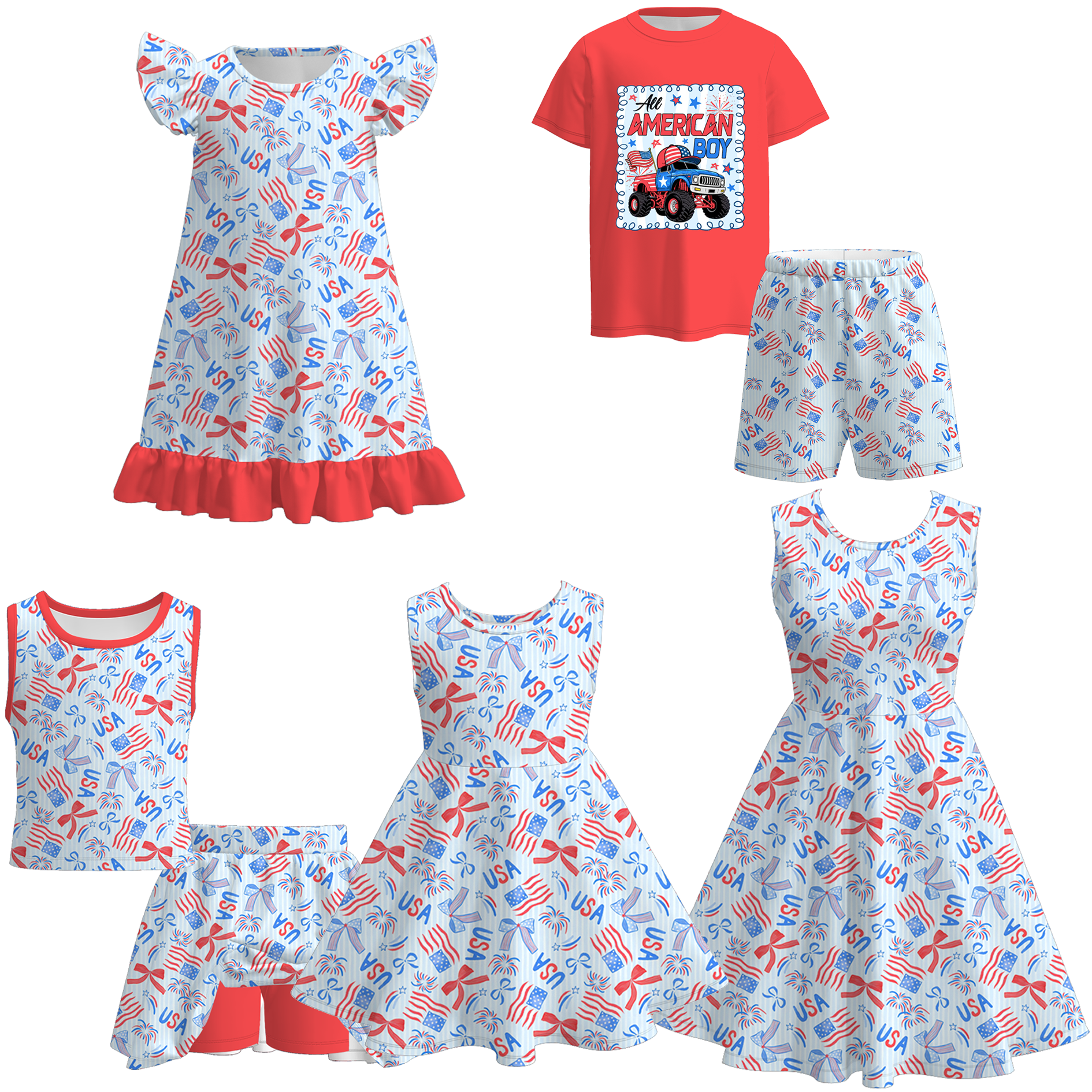 (Pre Order)Mommy and Me Patriotic Bow Print Dress,Set&Pajamas