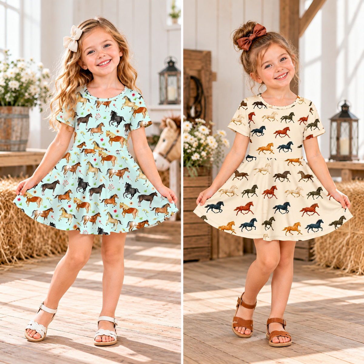 Two girls twirling in the horse print dress, shown in mint with florals and cream with brown horses, in a barn setting.