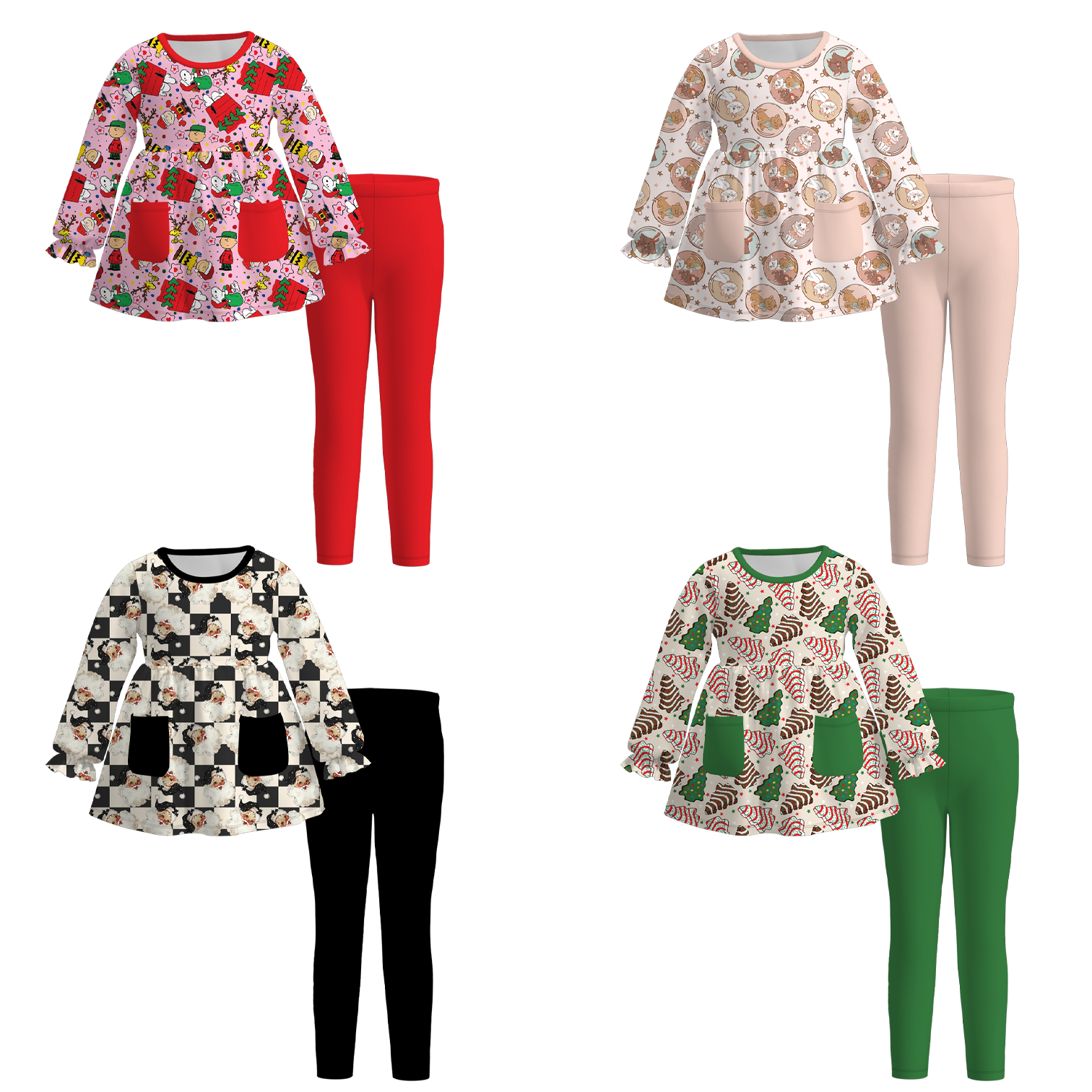 (Pre Order)Girls Christmas Cartoon Print Outfit Set