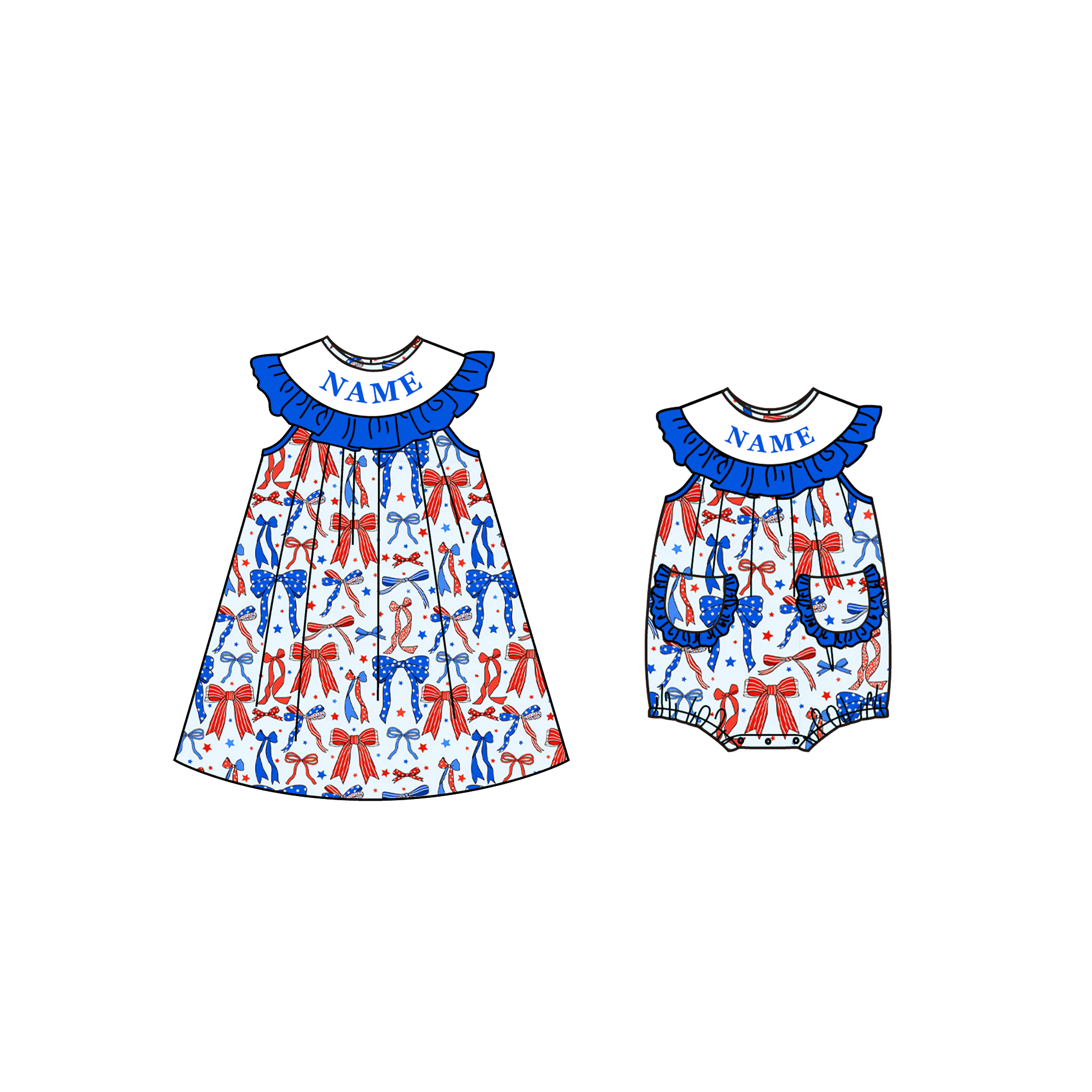 (Pre Order)Sisters Patriotic Embroidery Smocked Dress&Romper-Customized name