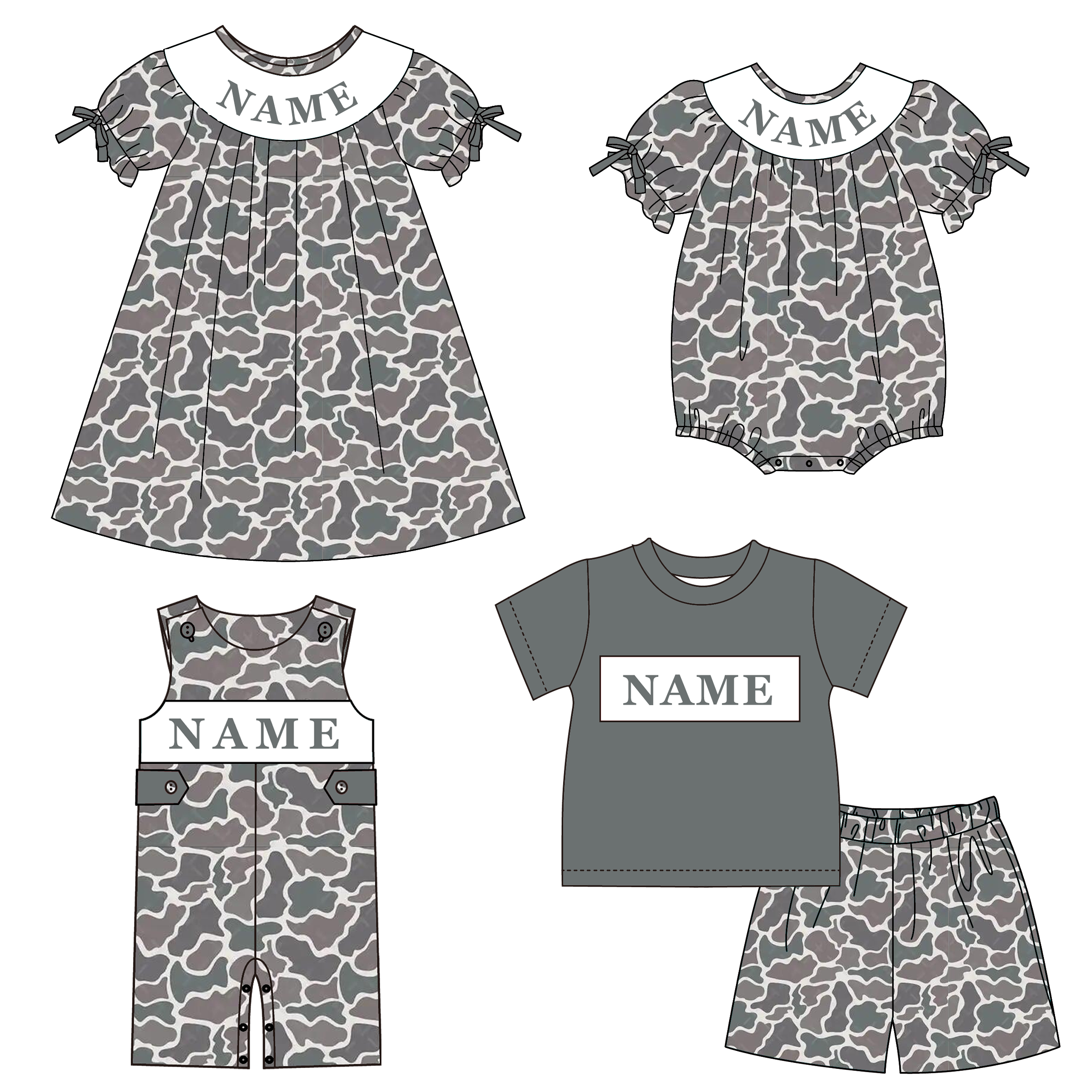 (Pre Order)Siblings Spring&Summer Camouflage Embroidery Smocked Dress,Set&Romper-Customized Name
