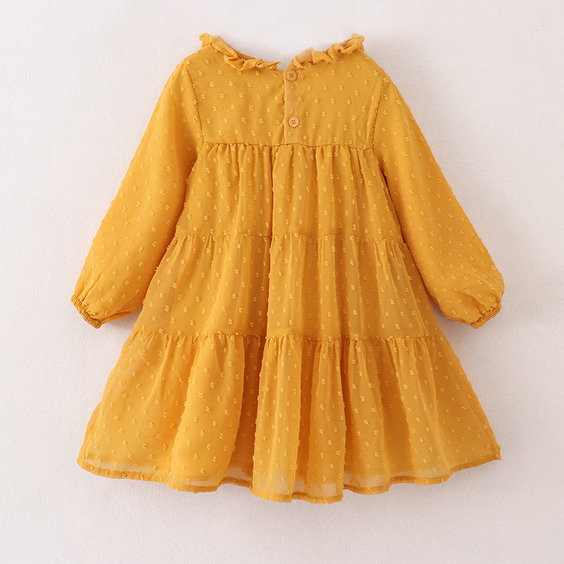 (In Stock E21-1-3)Fall Girls Yellow Swiss Dot Dress