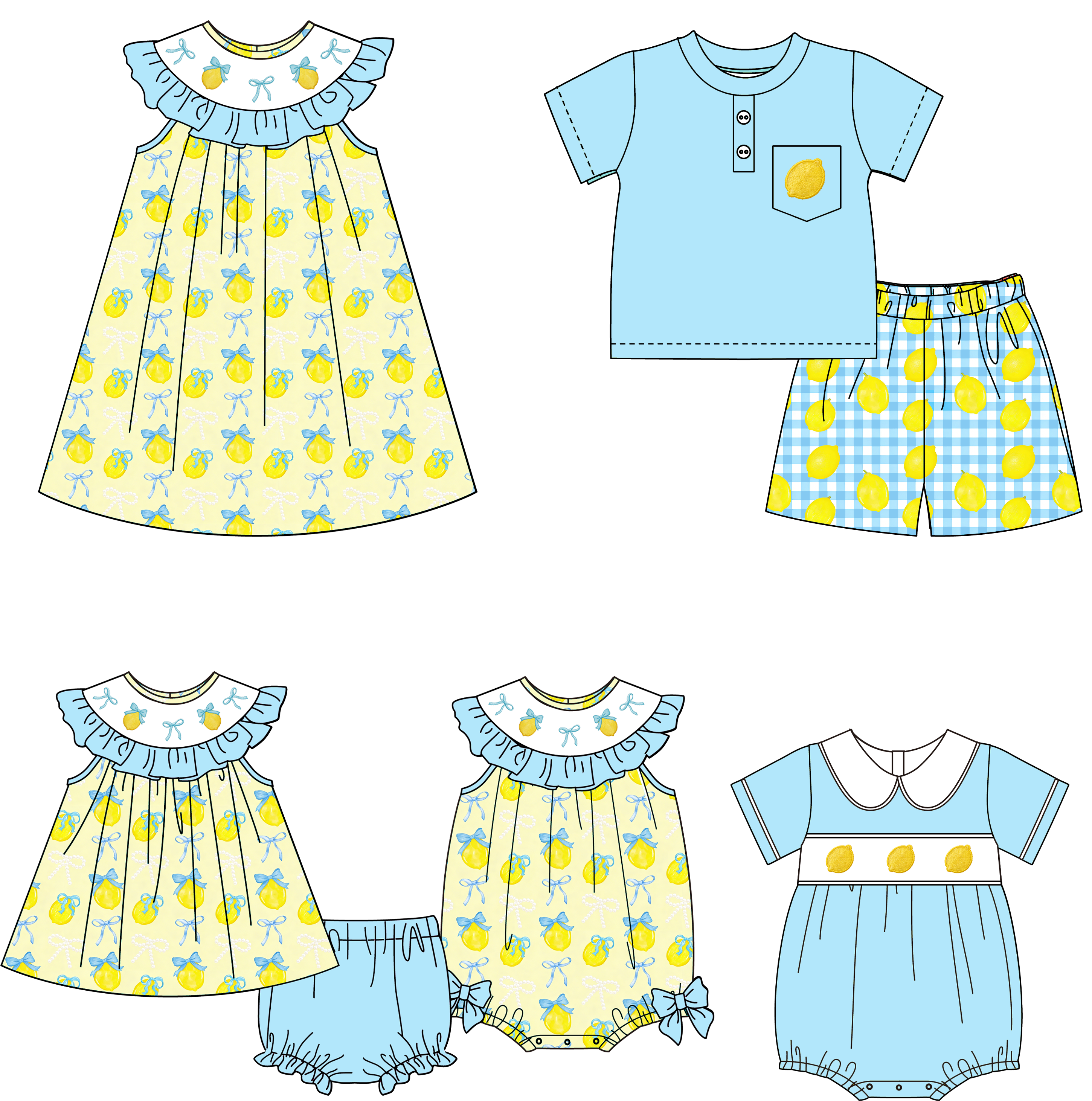(Pre Order)Siblings Summer Lemon Embroidery Smocked Dress,Bloomer Set&Romper