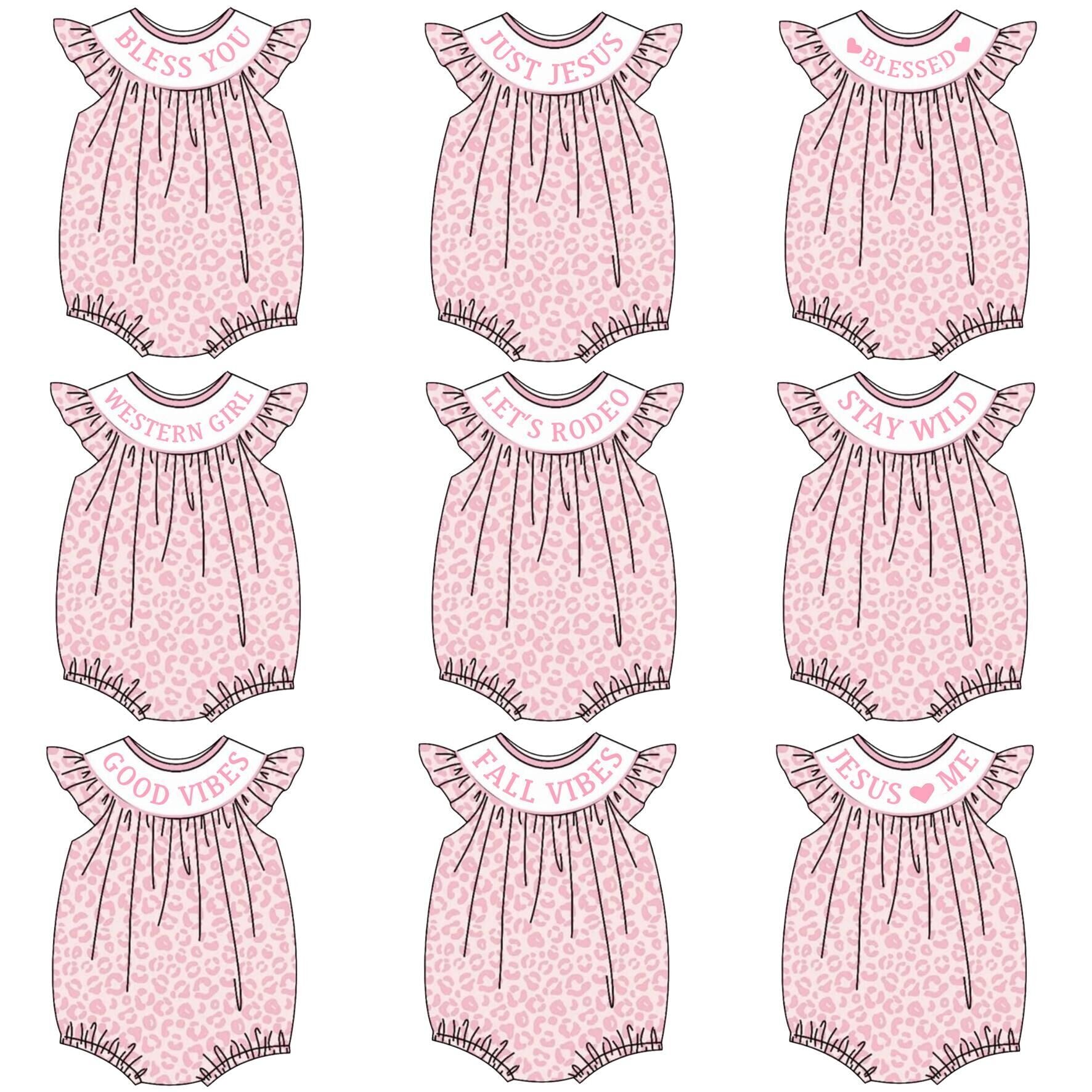 (Pre Order)Baby Girls Pink Leopard Smocked Embroidery Bubbles Romper