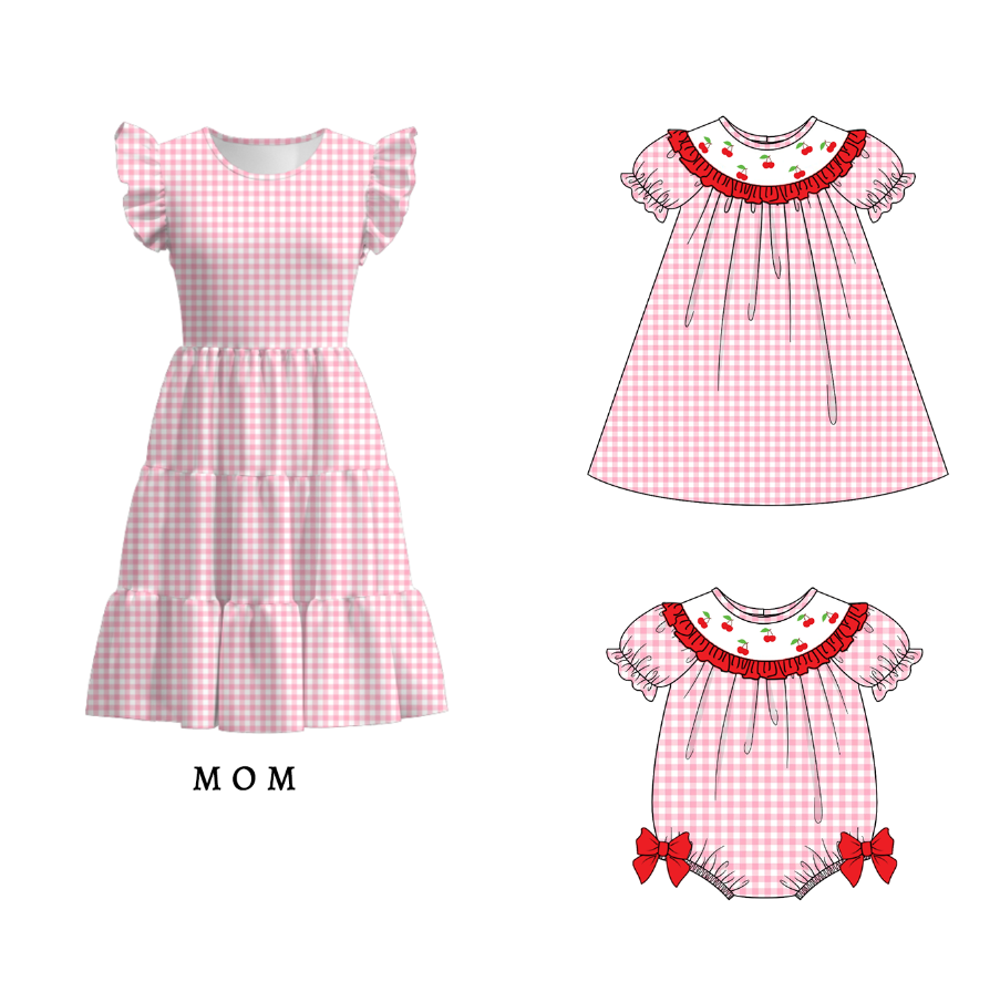 (Pre Order)Mommy and Me Spring&Summer Cherry Embroidery Smocked Dress,Romper