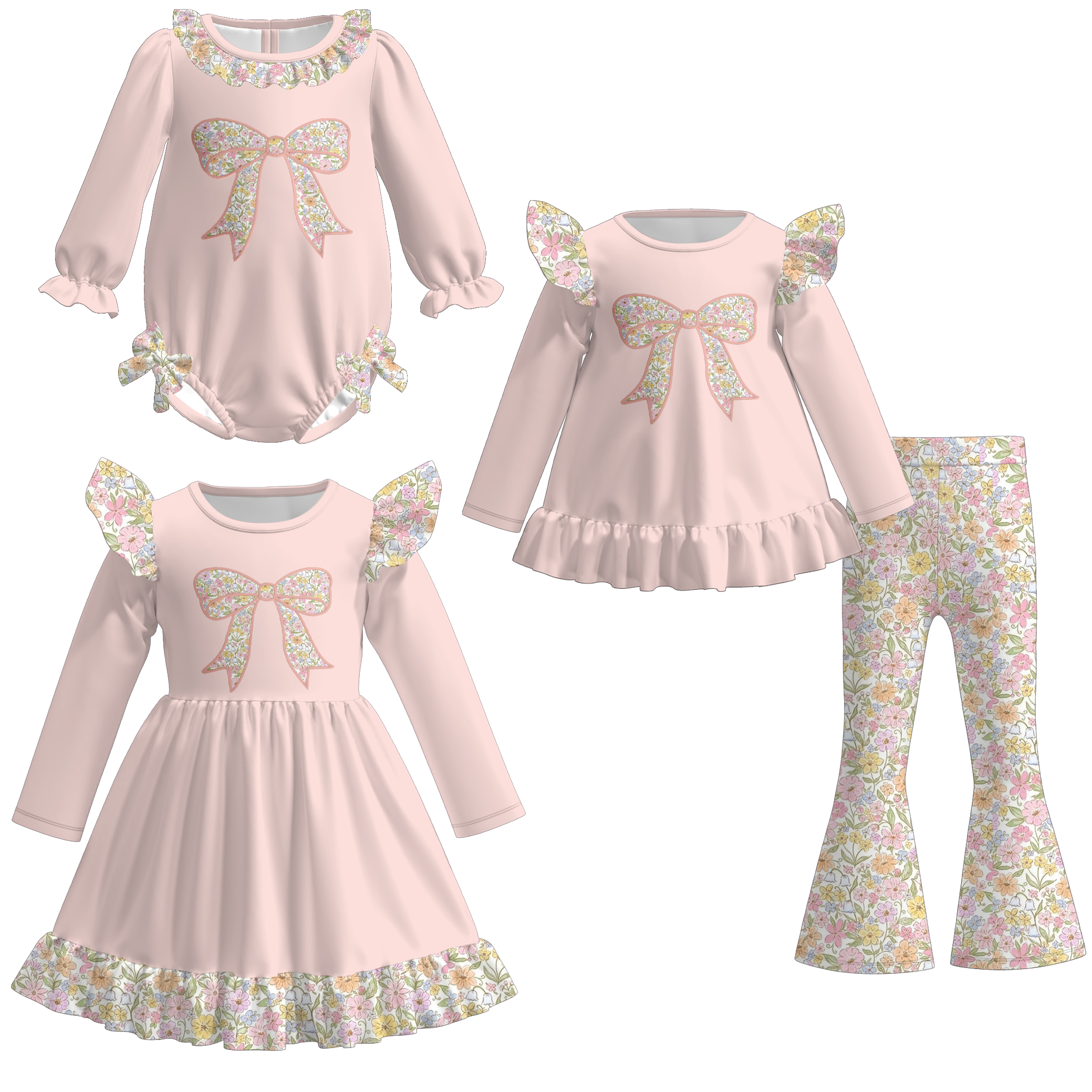 (Pre Order)Sisters Valentine's Day Bow Applique Dress,Set&Romper