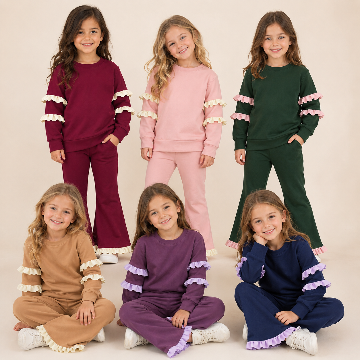 (Weekly Pre-Order)Girls Solid Color Ruffle Sweatshirt Suit(Ends 8.23)