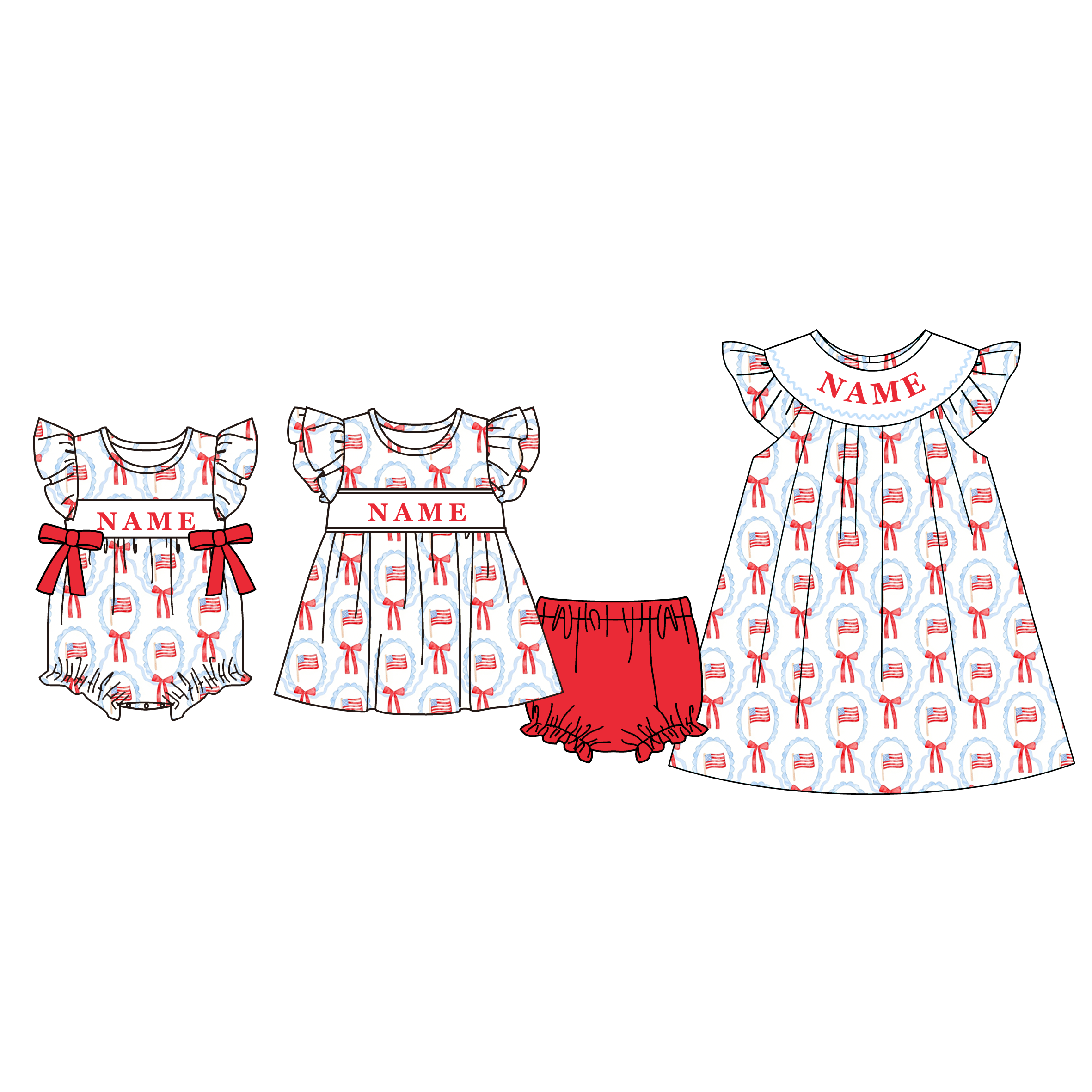 (Pre Order)Sisters Patriotic Embroidery Smocked Dress,Set&Romper-Customized name