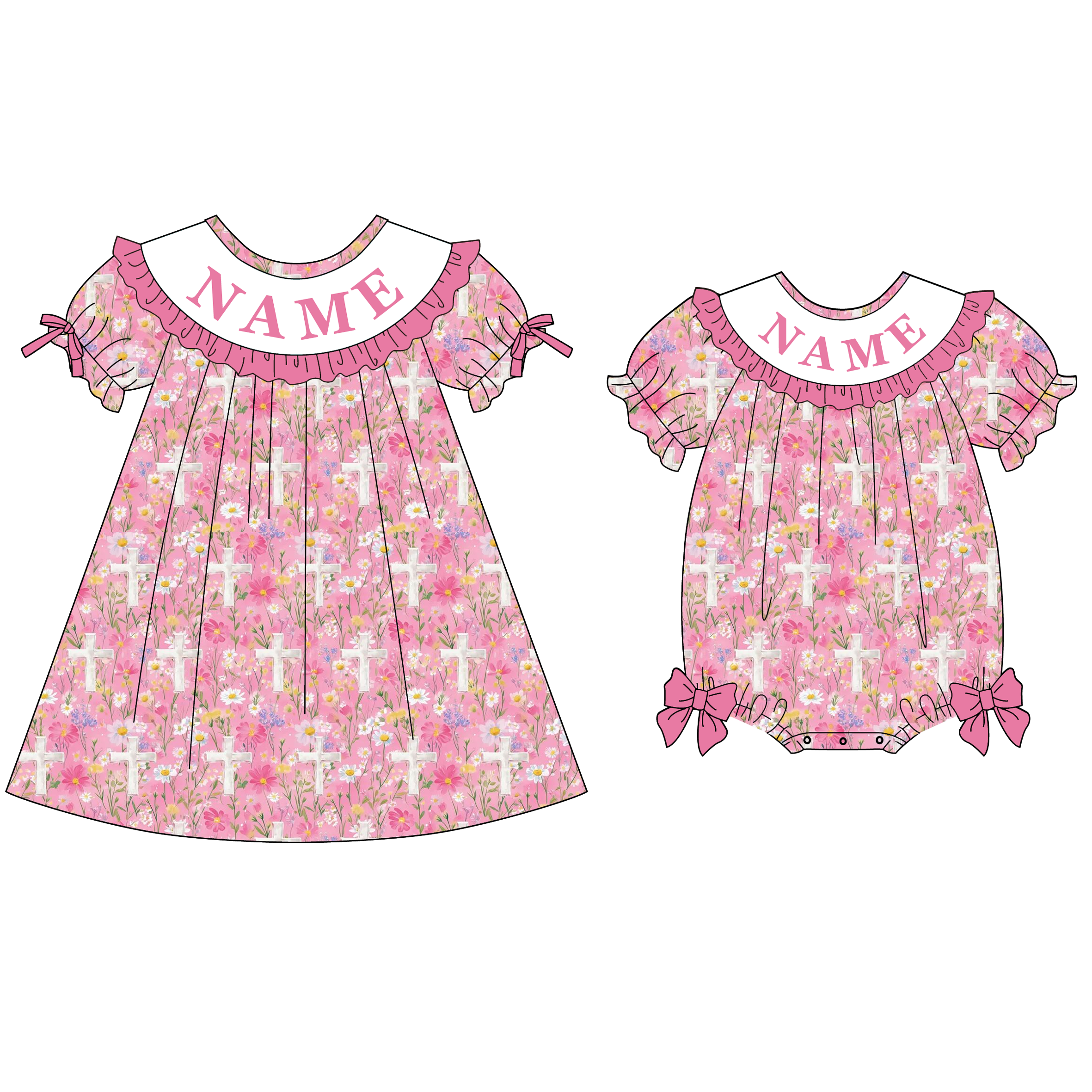 (Pre Order)Sisters Easter Cross Embroidery Smocked Dress&Romper - Customized name