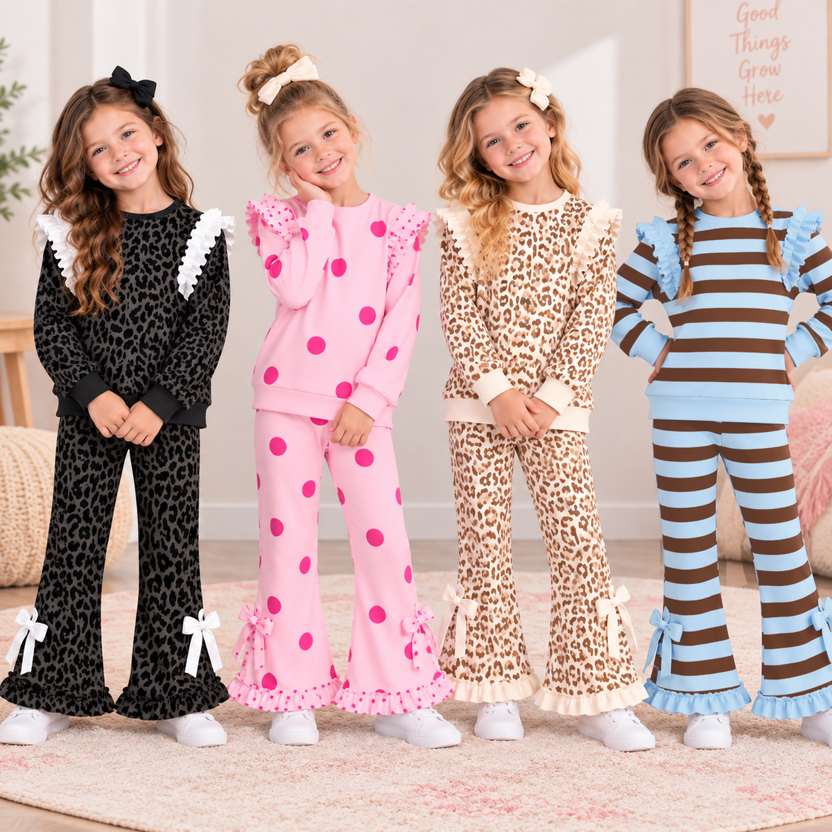 (Weekly Pre-Order)Girls Leopard,Dot&Stripe Print Ruffle Outfit Set(Ends 9.27)