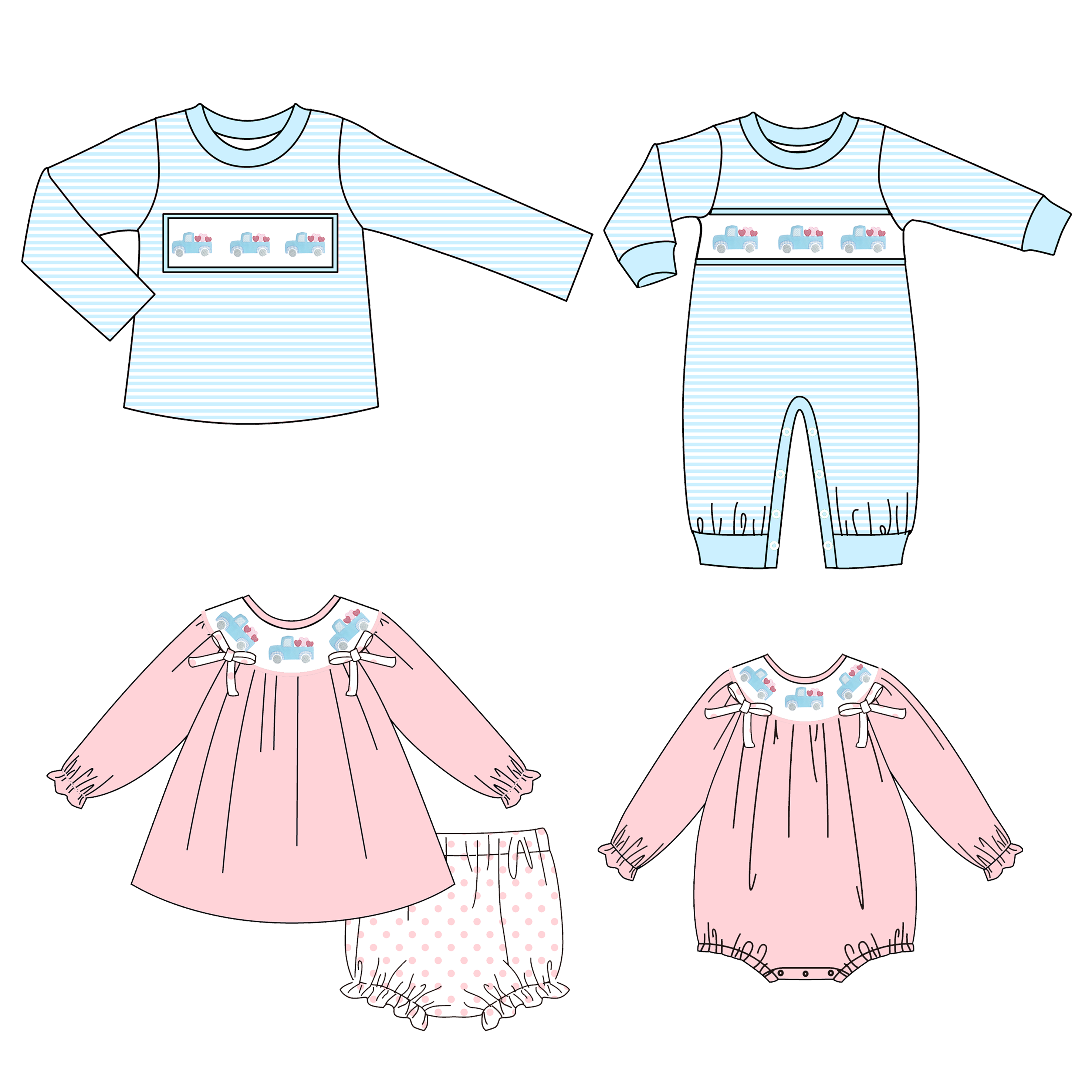 (Pre Order)Siblings Valentine's Day Embroidery Smocked Top,Set&Romper