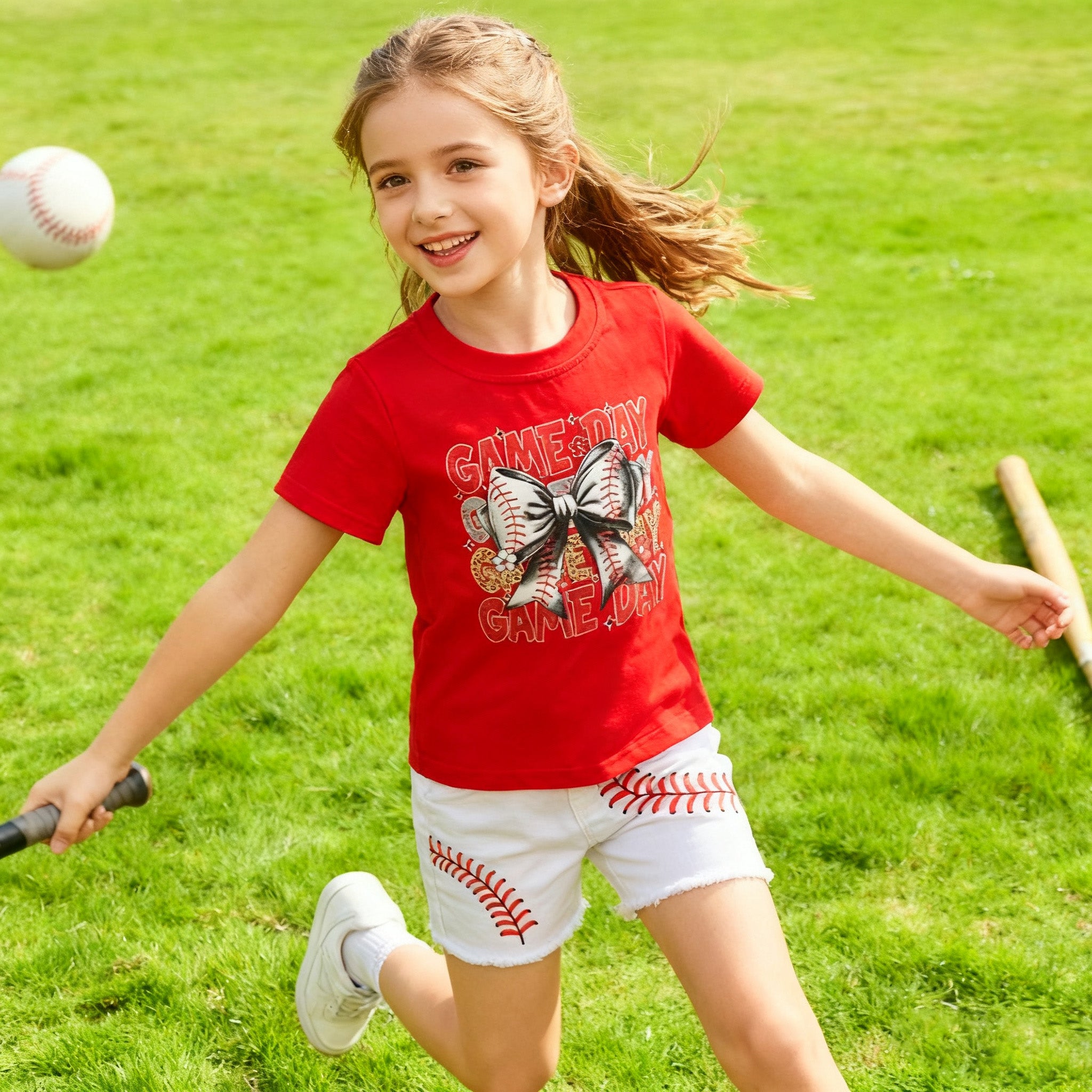 (In Stock)Girls Spring and Summer Baseball Print Denim Set