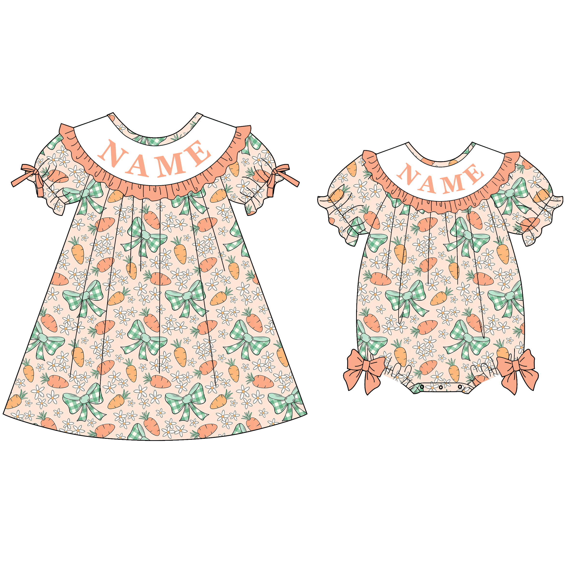 (Pre Order)Sisters Easter Carrot Embroidery Smocked Dress&Romper