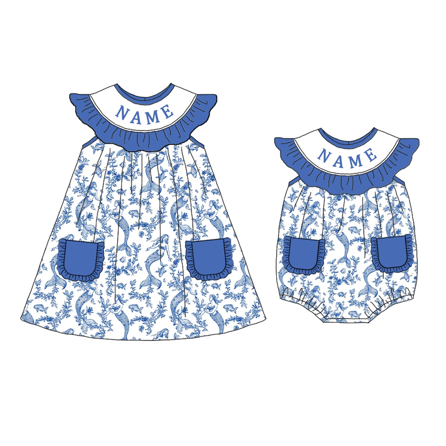 (Pre Order)Sisters Spring&Summer Mermaid Embroidery Smocked Dress&Romper-Customized name