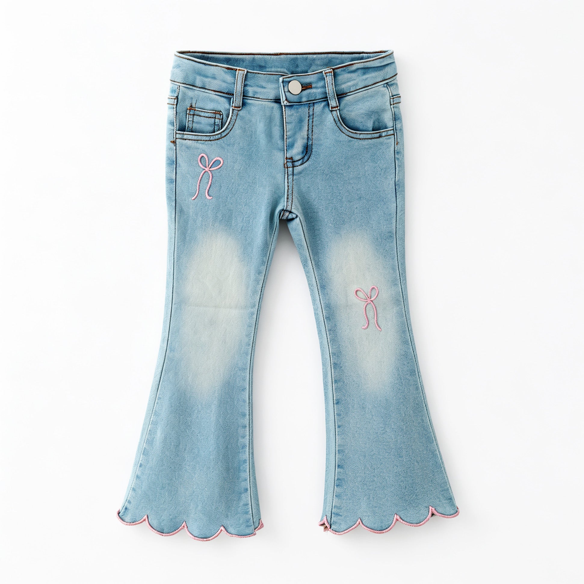 (In Stock)Girls Fall Bow Embroidery Scallop Jeans
