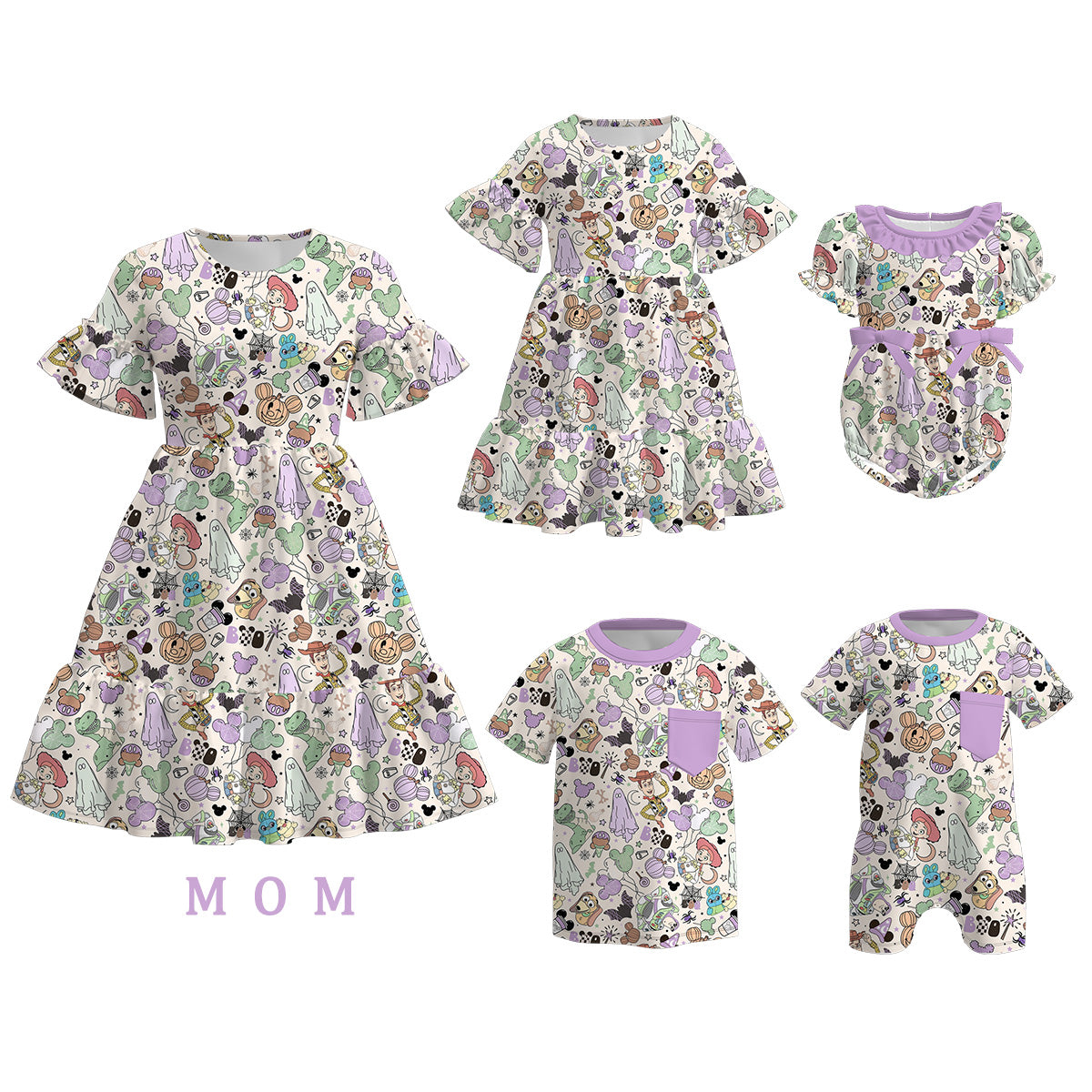 (Pre Order)Family Halloween Cartoon Print Dress,Top&Romper