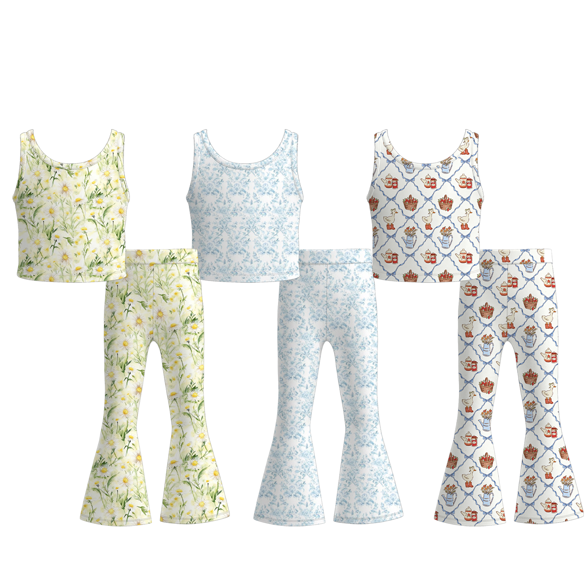 (Pre Order+Prepack Zone)Girls Spring&Summer Goose,Floral Print Twill Outfit Set(Mix Size)