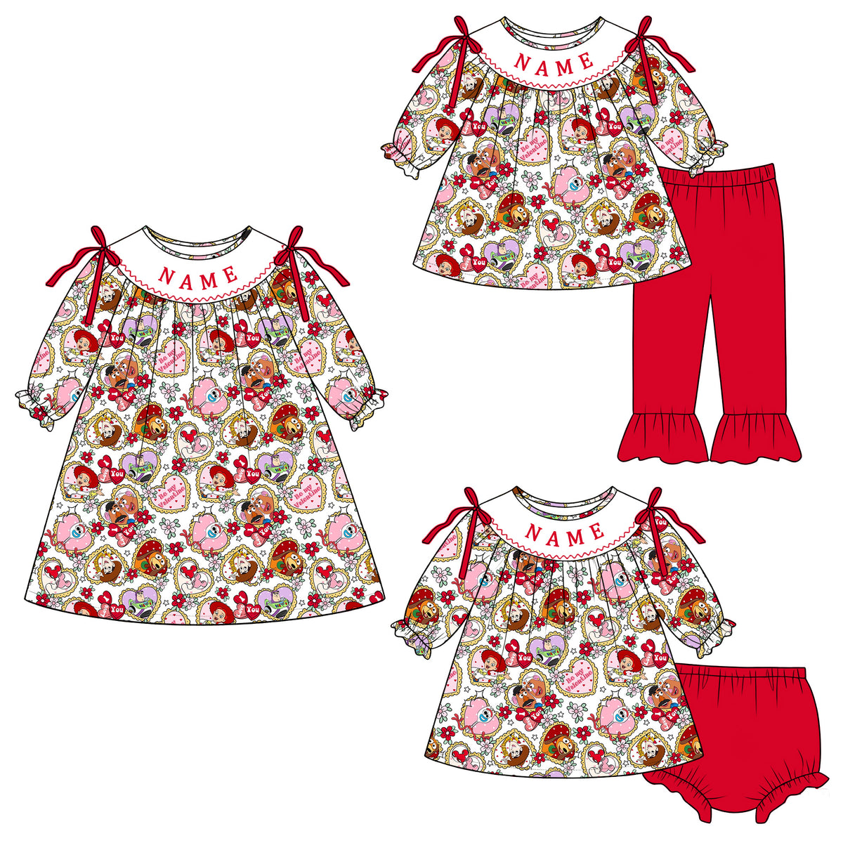 (Pre Order)Sisters Valentine's Day Embroidery Smocked Dress,Set&Romper