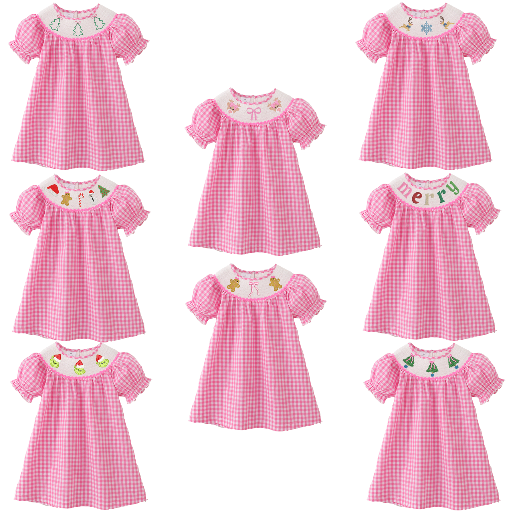 (Pre Order)Girls Pink Plaid Christmas Embroidery Smocked Dress