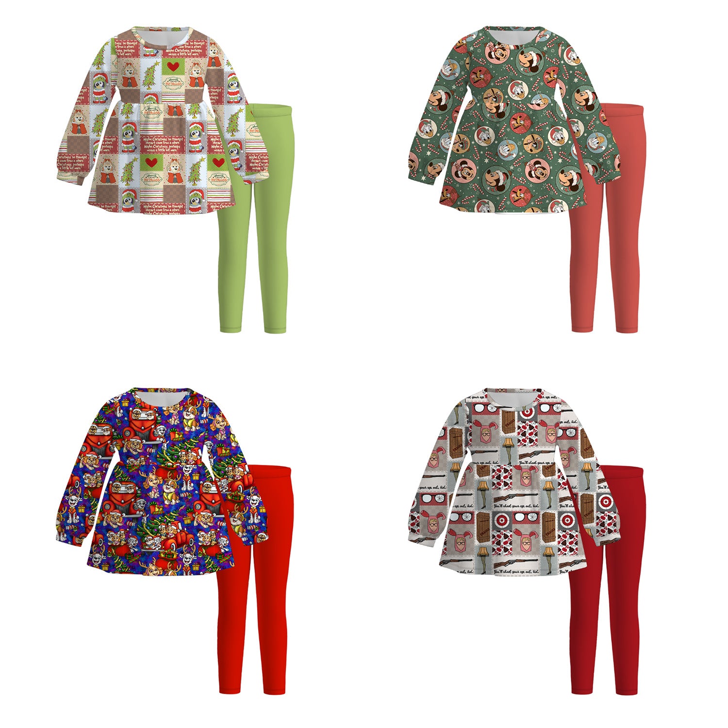 (Pre Order)Girls Christmas Cartoon Print Outfit Set