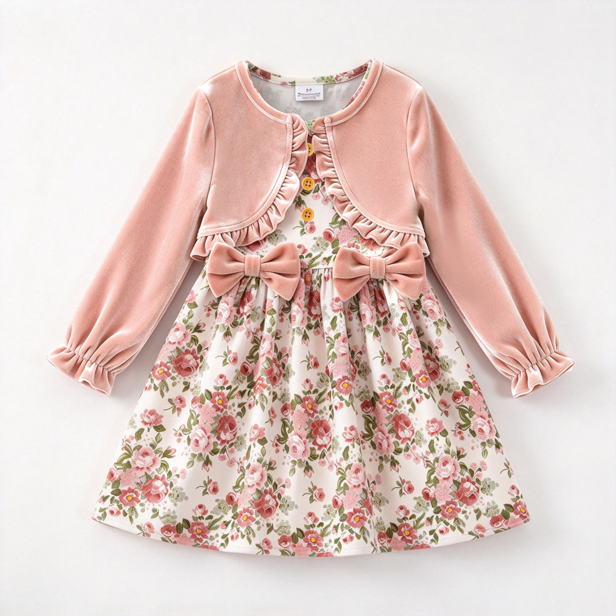 (In Stock)Girls Fall Floral Print Dress with Velvet Shawl