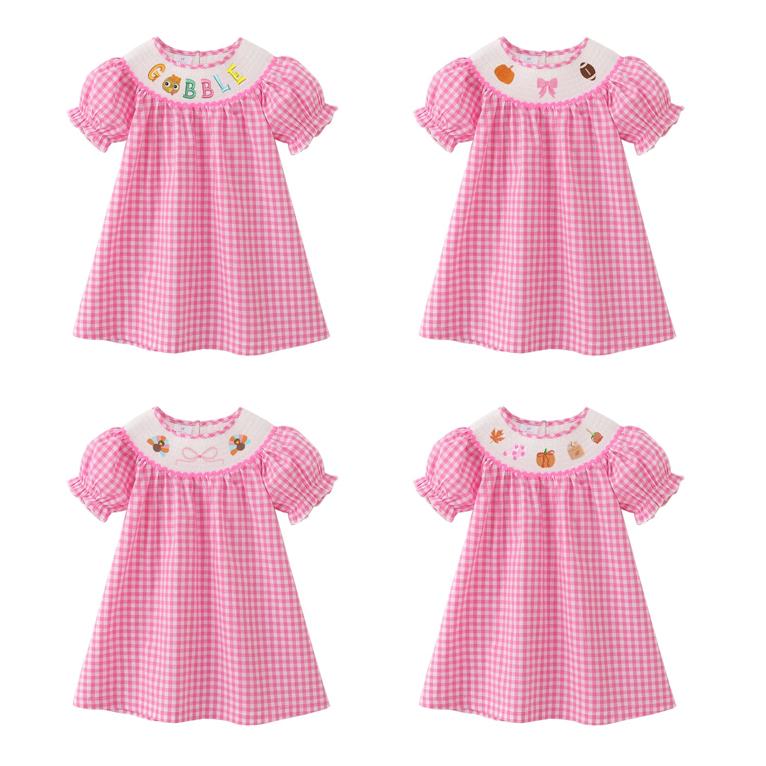 (Pre Order)Girls Pink Plaid Thanksgiving Embroidery Smocked Dress