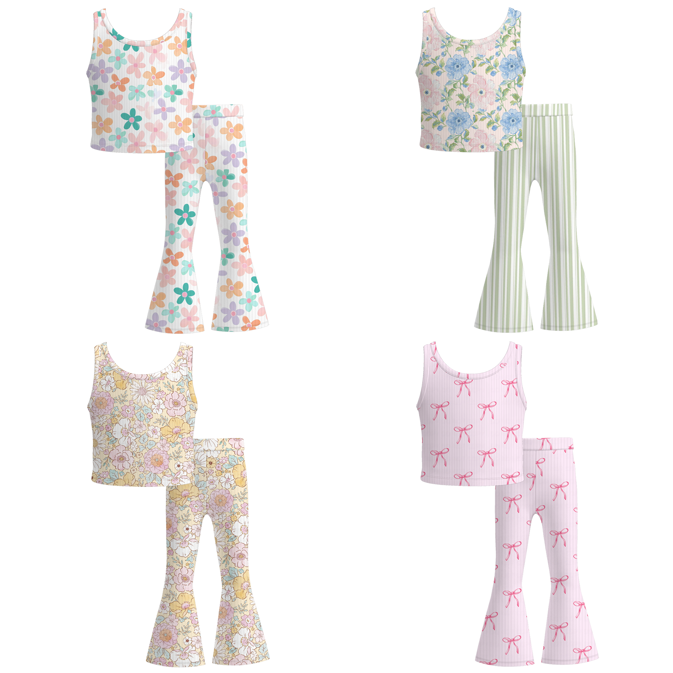 (Pre Order)Girls Spring and Summer Bow&Floral Print Twill Outfit Set