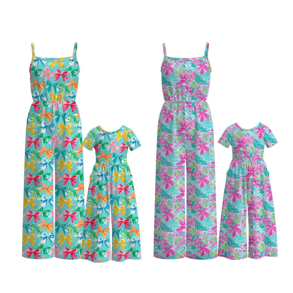 (Pre Order)Mommy&Me Spring and Summer Bow,Floral Print Jumpsuit