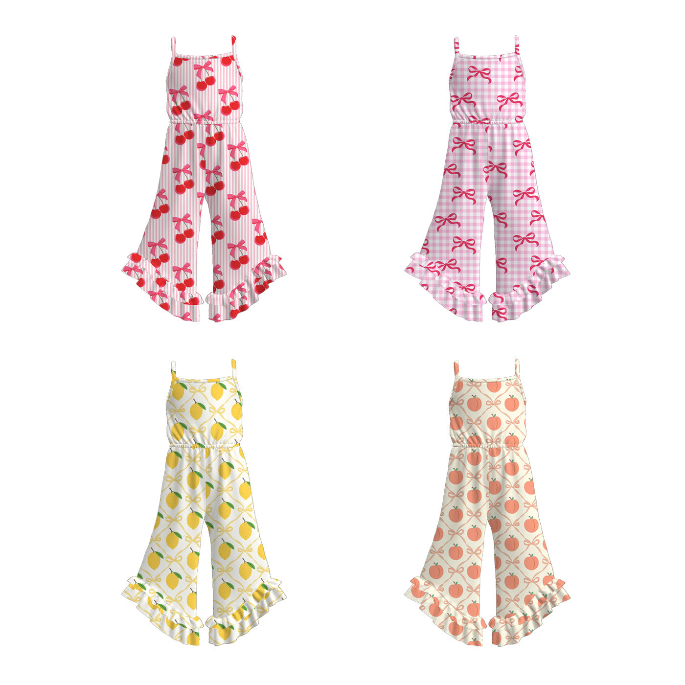 (Pre Order)Girls Spring and Summer Fruit&Bow Print Jumpsuit