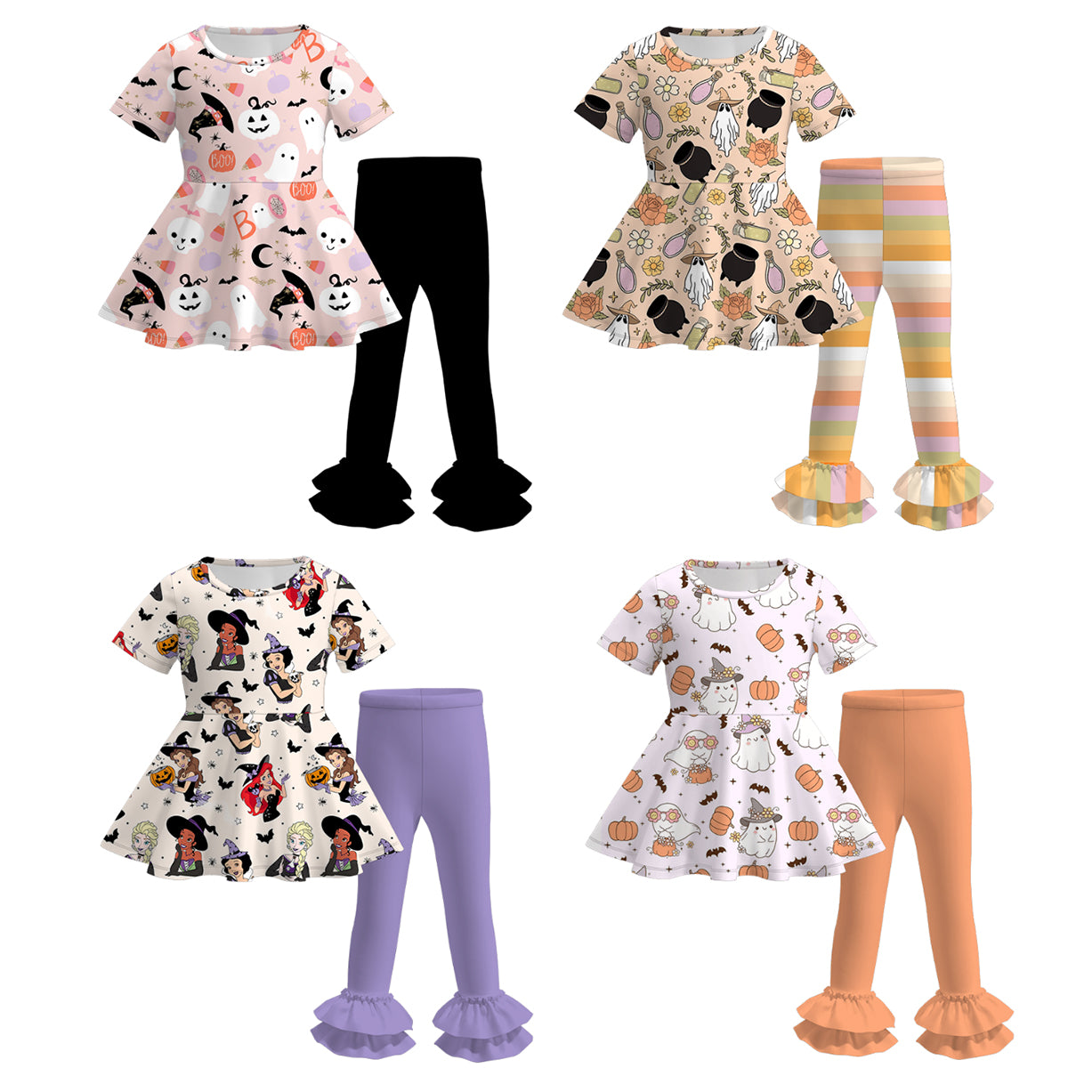 (Pre Order)Girls Halloween Cartoon Print Outfit Set