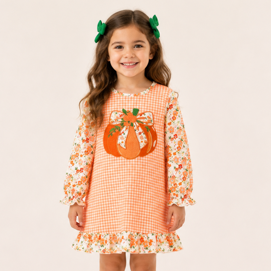 (In Stock)Girls Fall Pumpkin Applique Dress