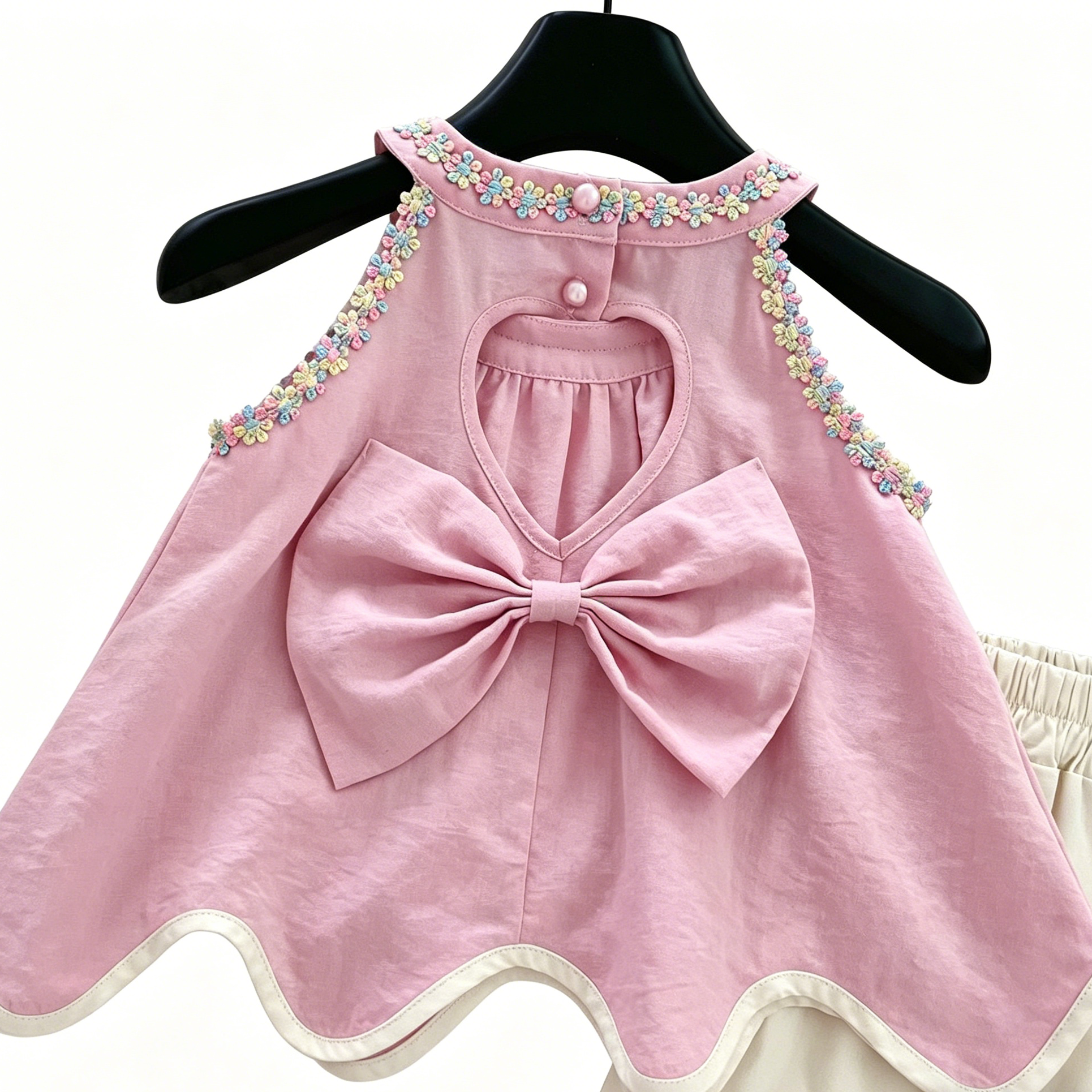 (In Production)Girls Summer Pink Scallop Top White Shorts Set