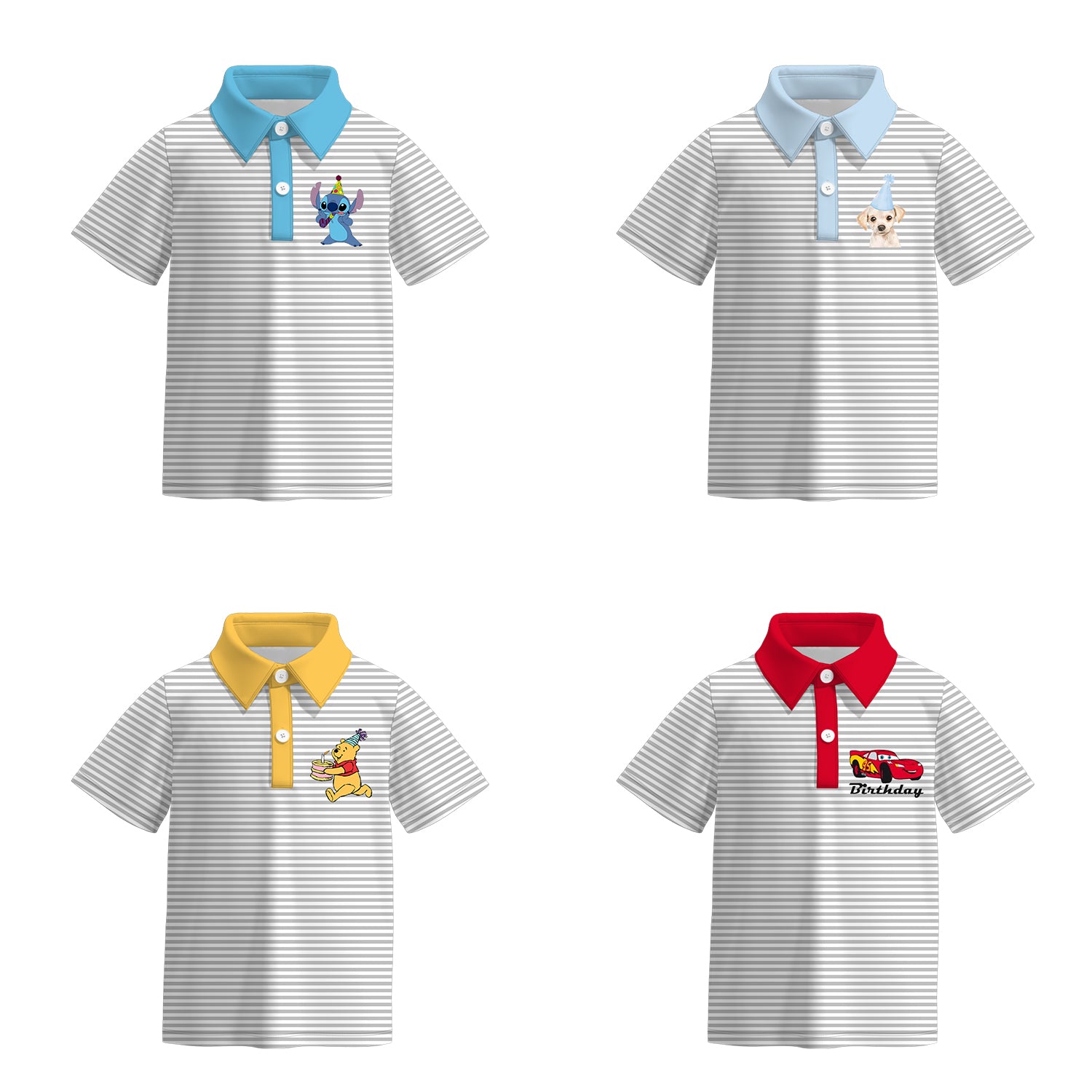(Pre Order)Boy's Birthday Cartoon Print Stripe Polo T-Shirt