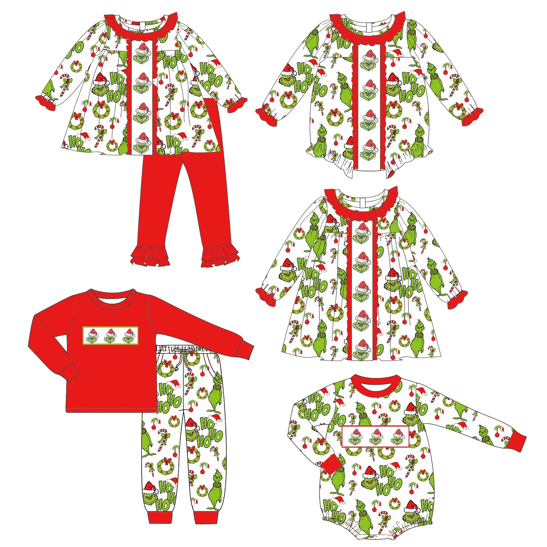 (Pre Order)Family Christmas Cartoon Embroidery Smocked Dress,Set&Romper