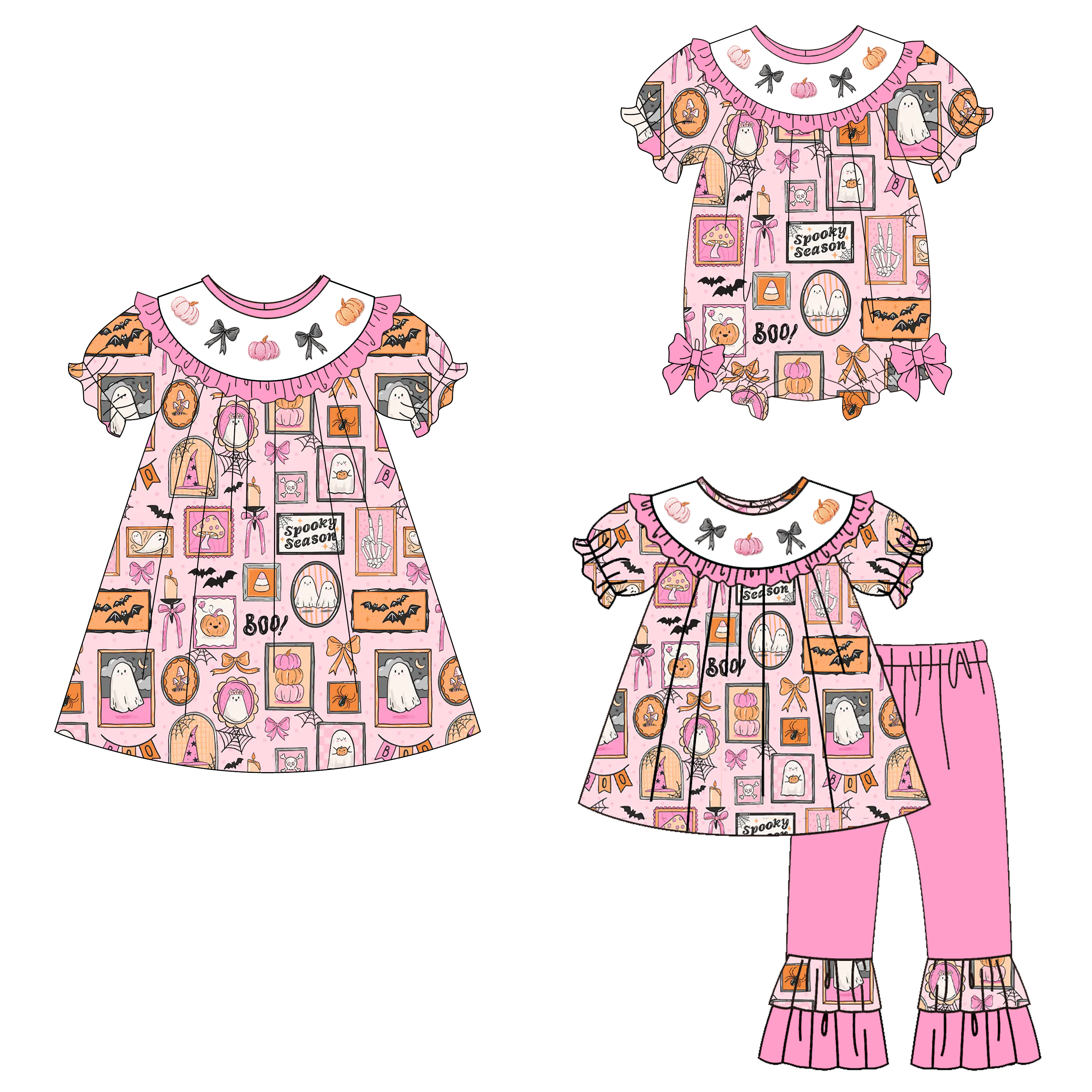 (Pre Order)Girls Halloween Embroidery Smocked Dress,Set&Romper