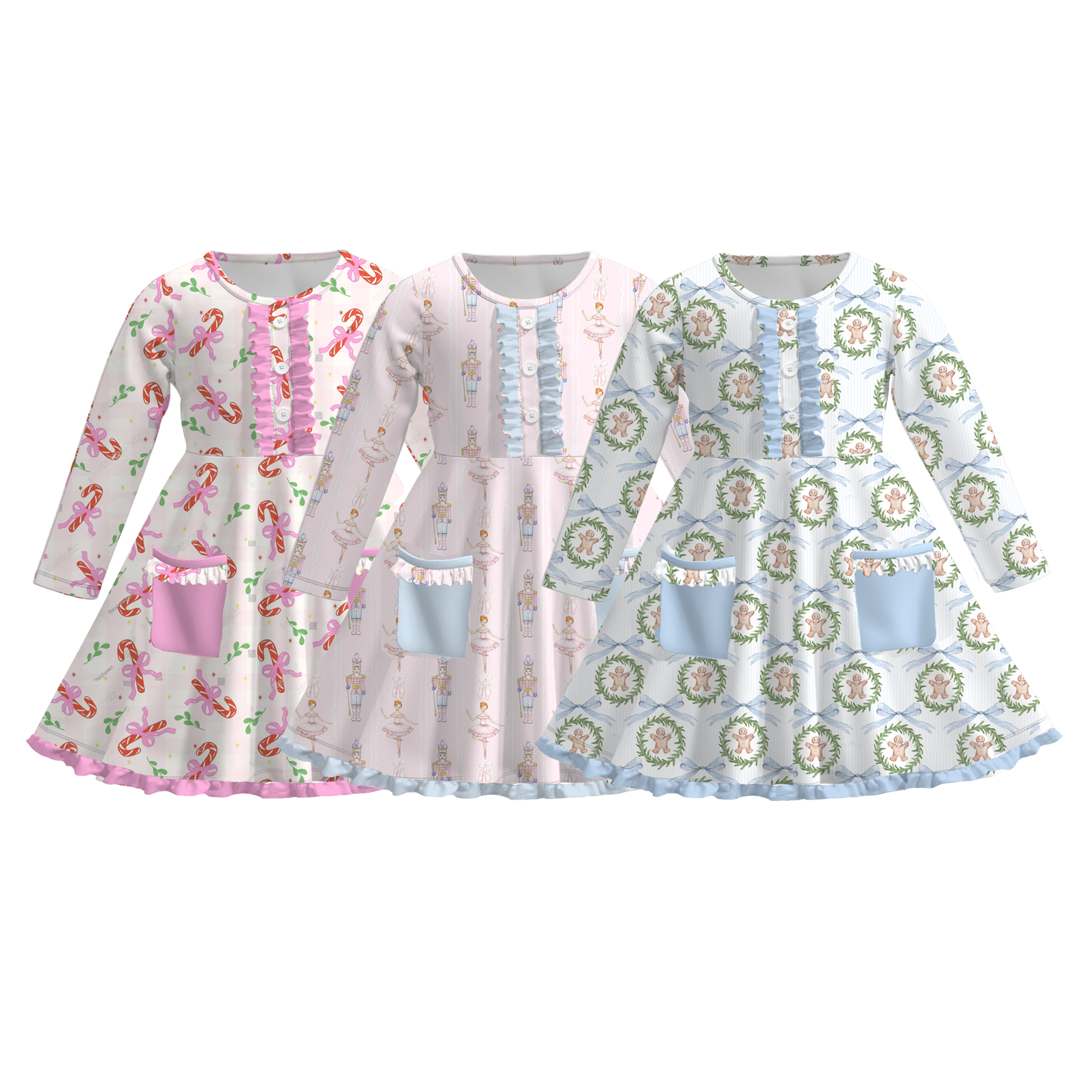 (Pre Order)Girls Christmas Print Dress with Pockets