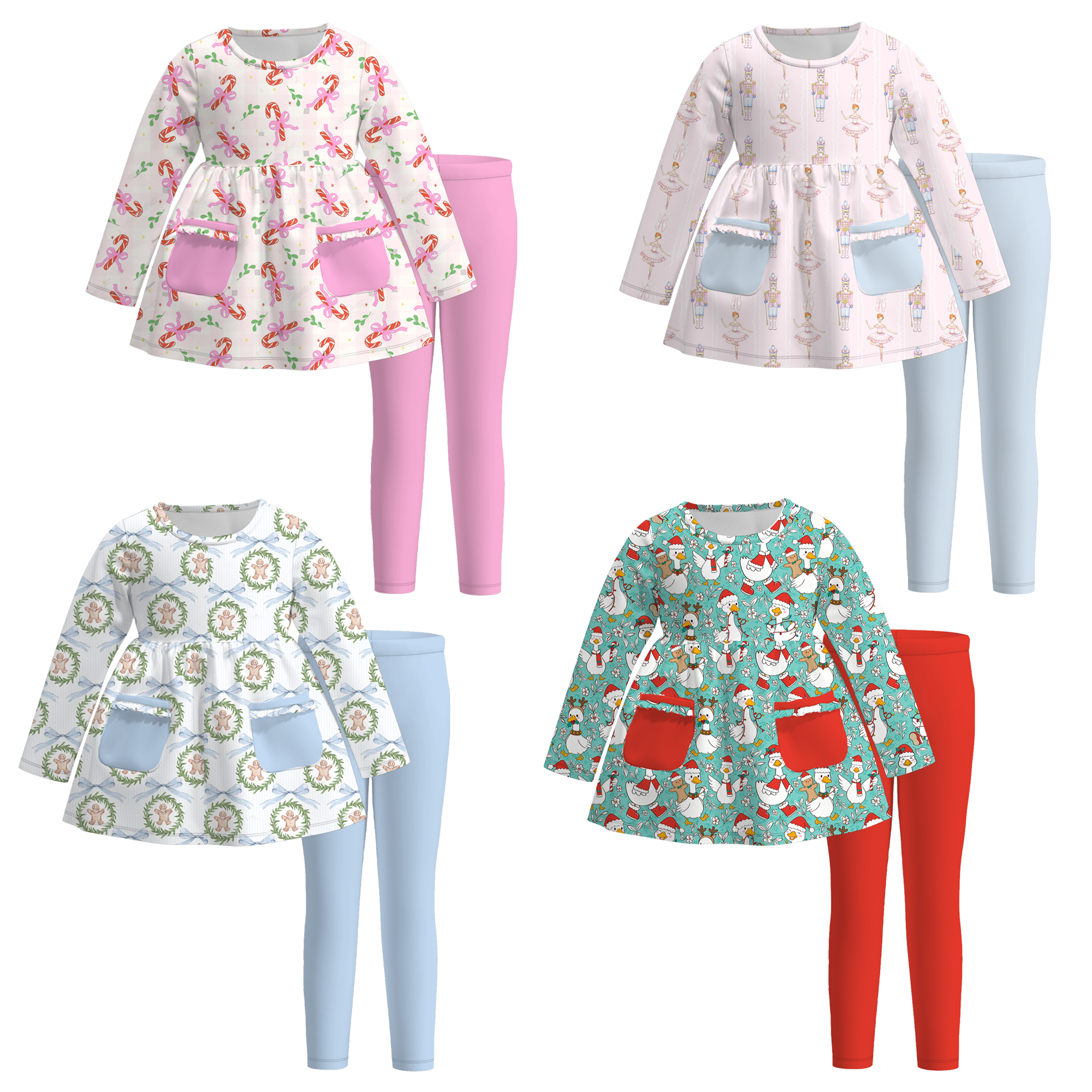 (Pre Order)Girls Christmas Print Set with Pockets