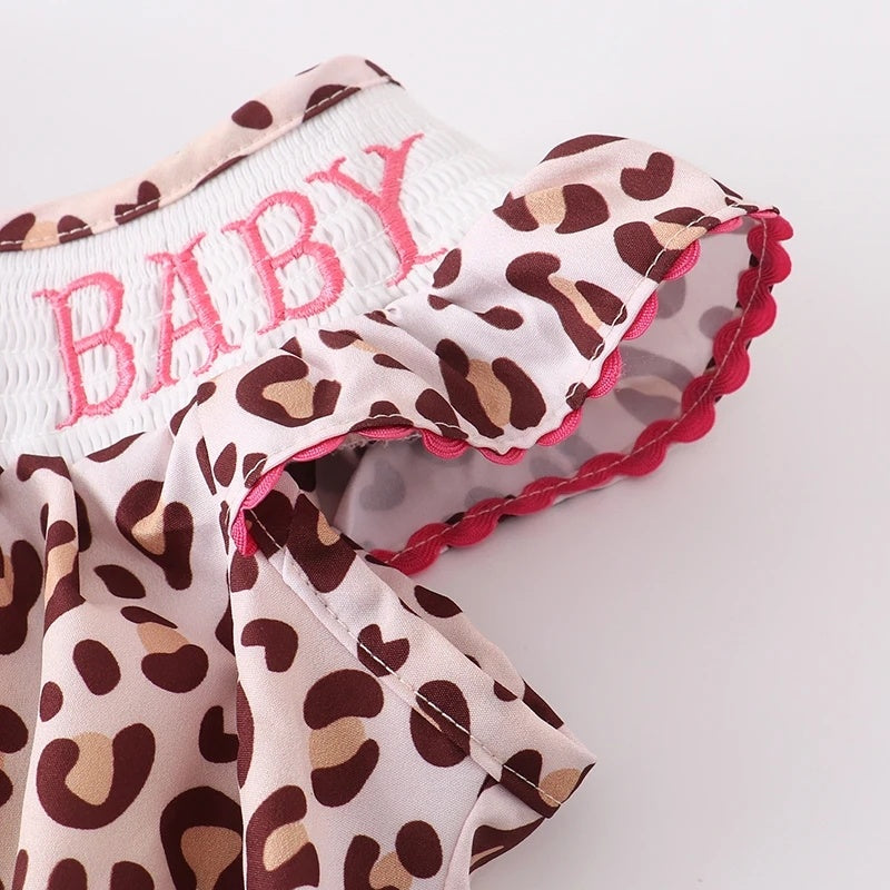 Leopard Embroidery Smocked Romper