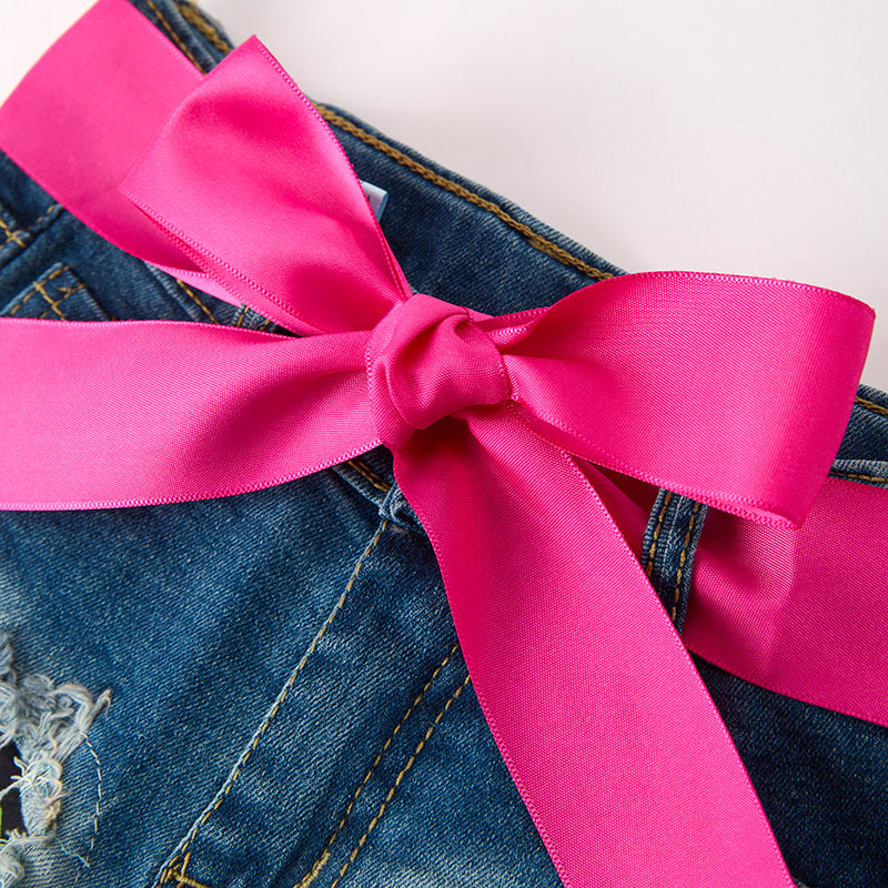 (In Stock)Girls Summer Back To School Print Denim Shorts Set