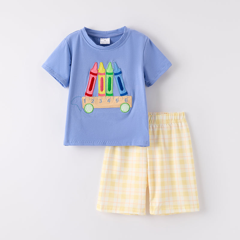 (In Stock)Boys Summer Back To School Crayon Applique Shorts Set