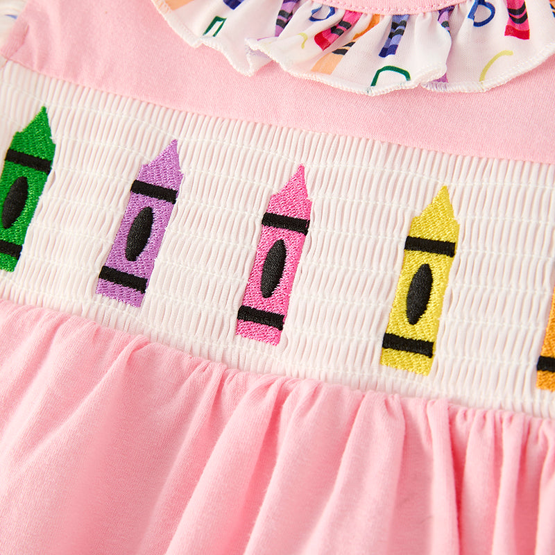 (In Stock)Girls Summer Back To School Crayon Embroidery Smocked Shorts Set